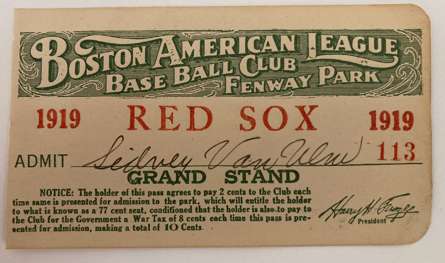 1919 Babe Ruth Ticket Pass LL 29 HR New Record /9 Wins Pitching Boston Red Sox⚾️