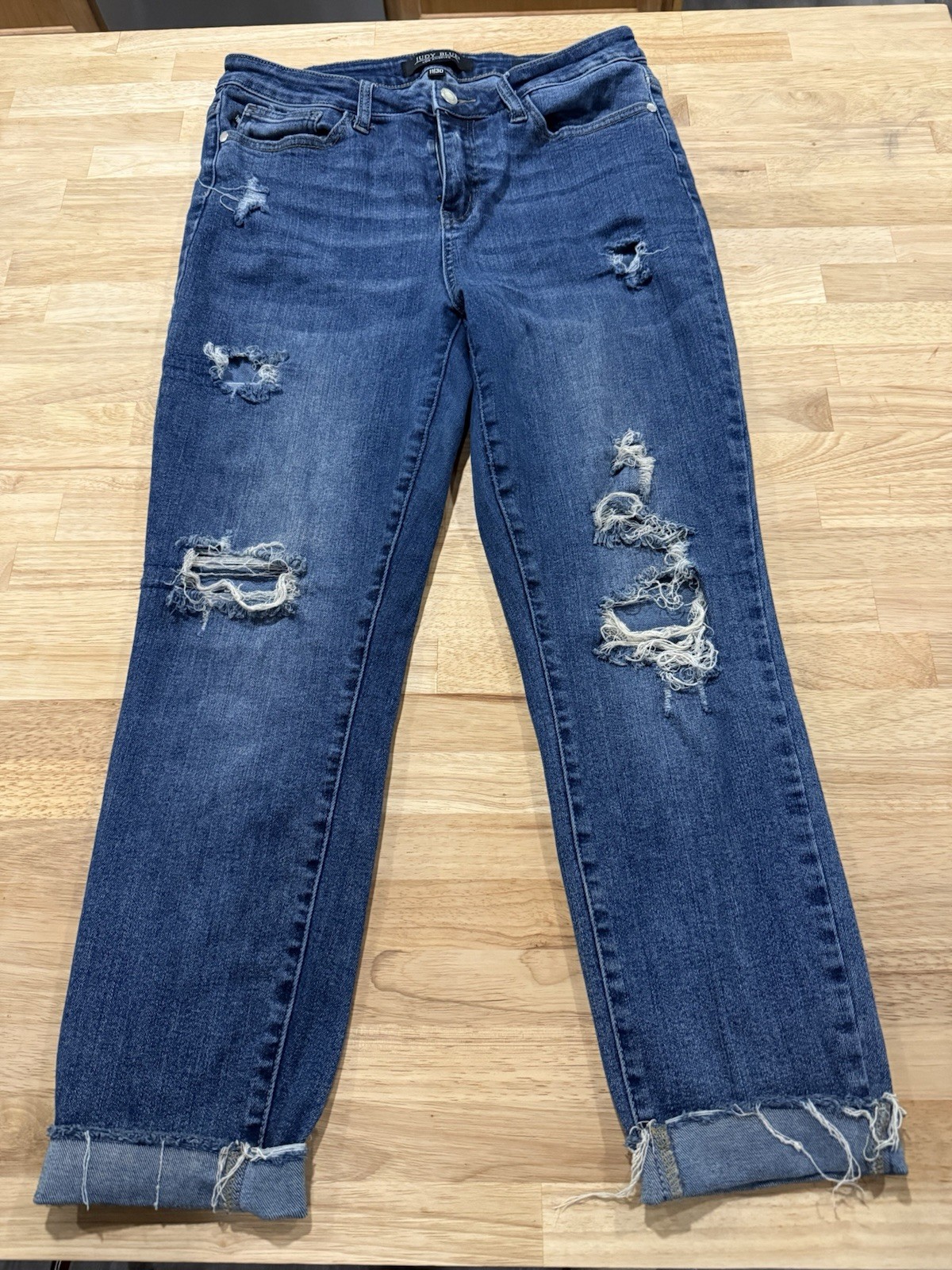 Judy Blue Women’s High Rise Relaxed Straight Distressed Stretch Jeans Blue