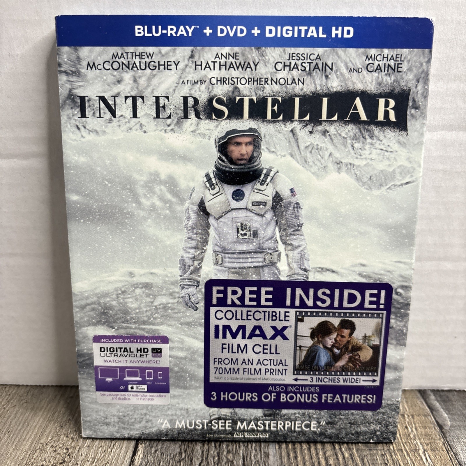 Interstellar (Blu-ray/DVD, 2015, 3-Disc, IMAX Film Cell + Slipcover) Interstellar (Blu-ray/DVD, 2015, 3-Disc, IMAX Film Cell + Slipcover)