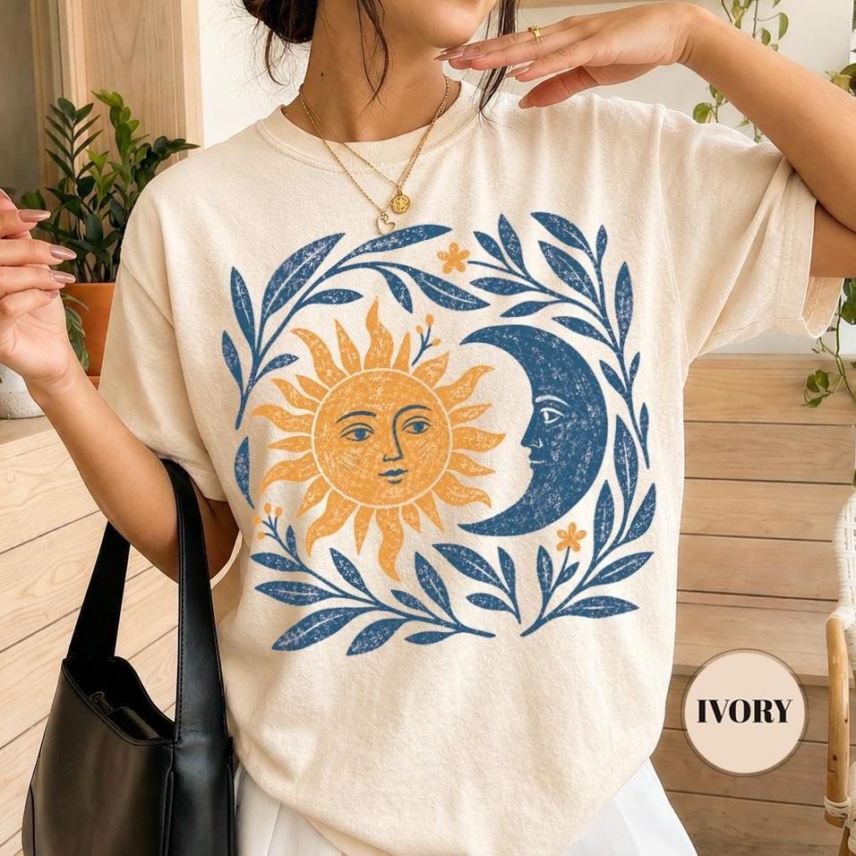 Celestial Sun & Moon Boho T-Shirt Vintage Botanical Tee Boho Floral Crescent