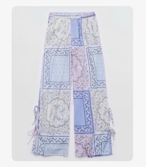 Aerie Off-Duty Seersucker Paisley Side Tie Trousers Monaco Blue M
