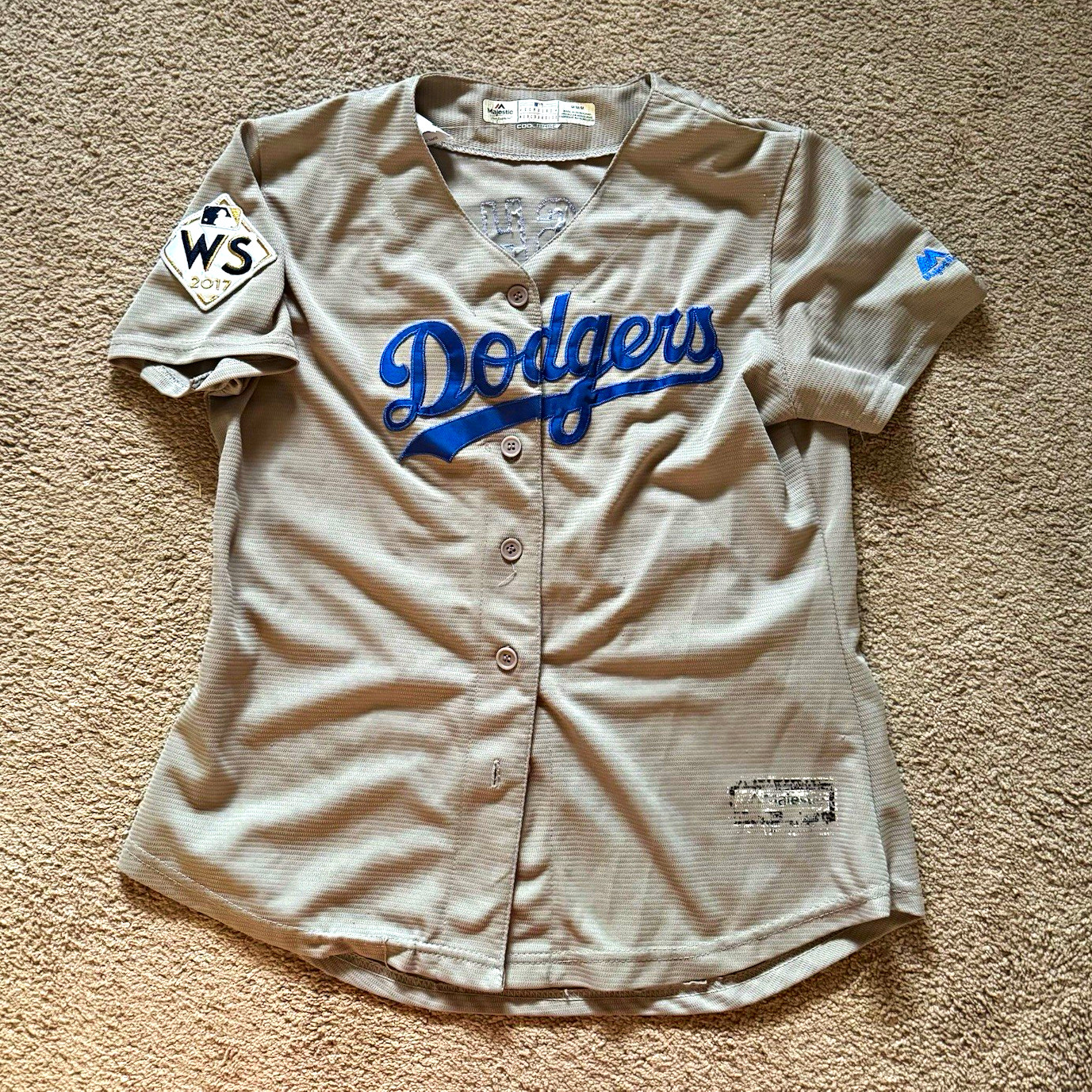 Majestic LA Dodgers Clayton Kershaw #22 Women’s M Gray MLB 2017 WS Patch