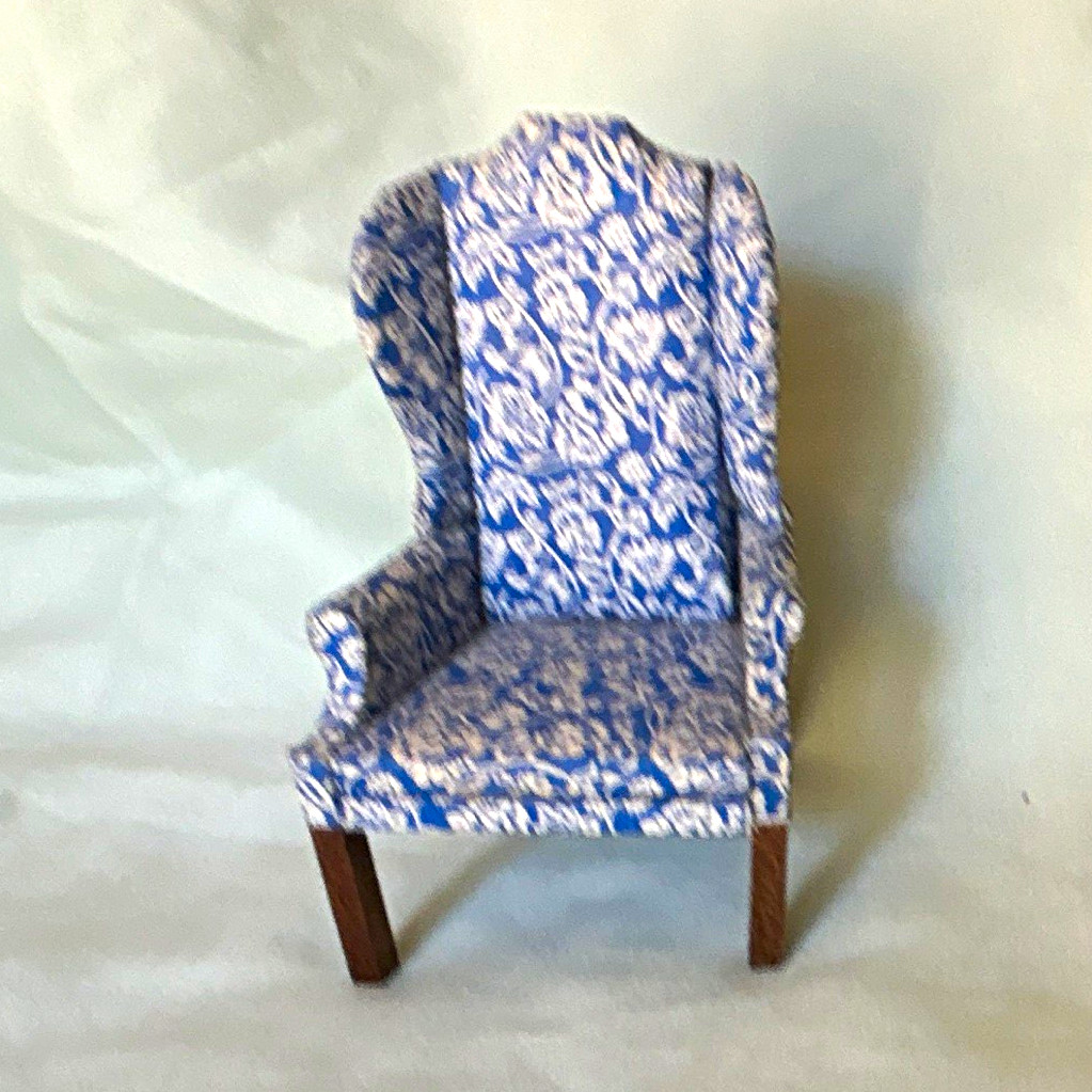 Vintage 1:12 Dollhouse Miniature Blue & White Fabric Armchair Wood Legs Brown