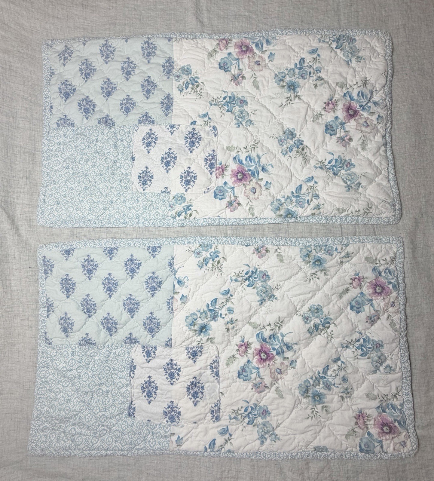 2 Simply Shabby Chic FLORAL BLUE DASCHA Patchwork Rachel Ashwell King Shams Pair