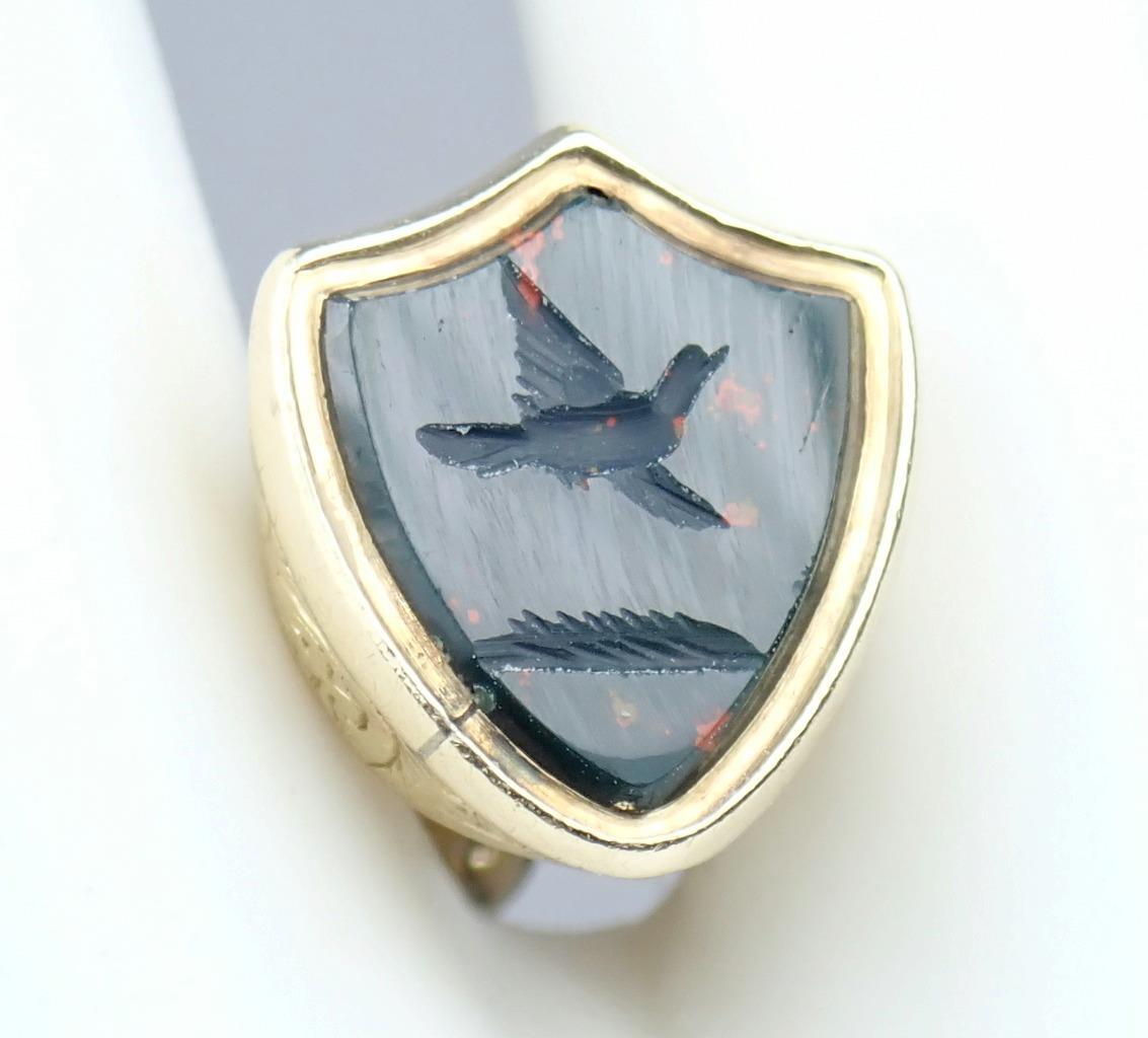 Fab Antique Georgian 9K Gold Bloodstone Floral Bird Pigeon Intaglio Seal Pendant