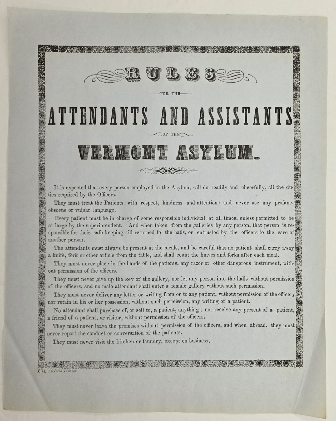c1870 antique VERMONT ASYLUM brattleboro vt ATTENDANT ASSISTANTS RULES BROADSIDE