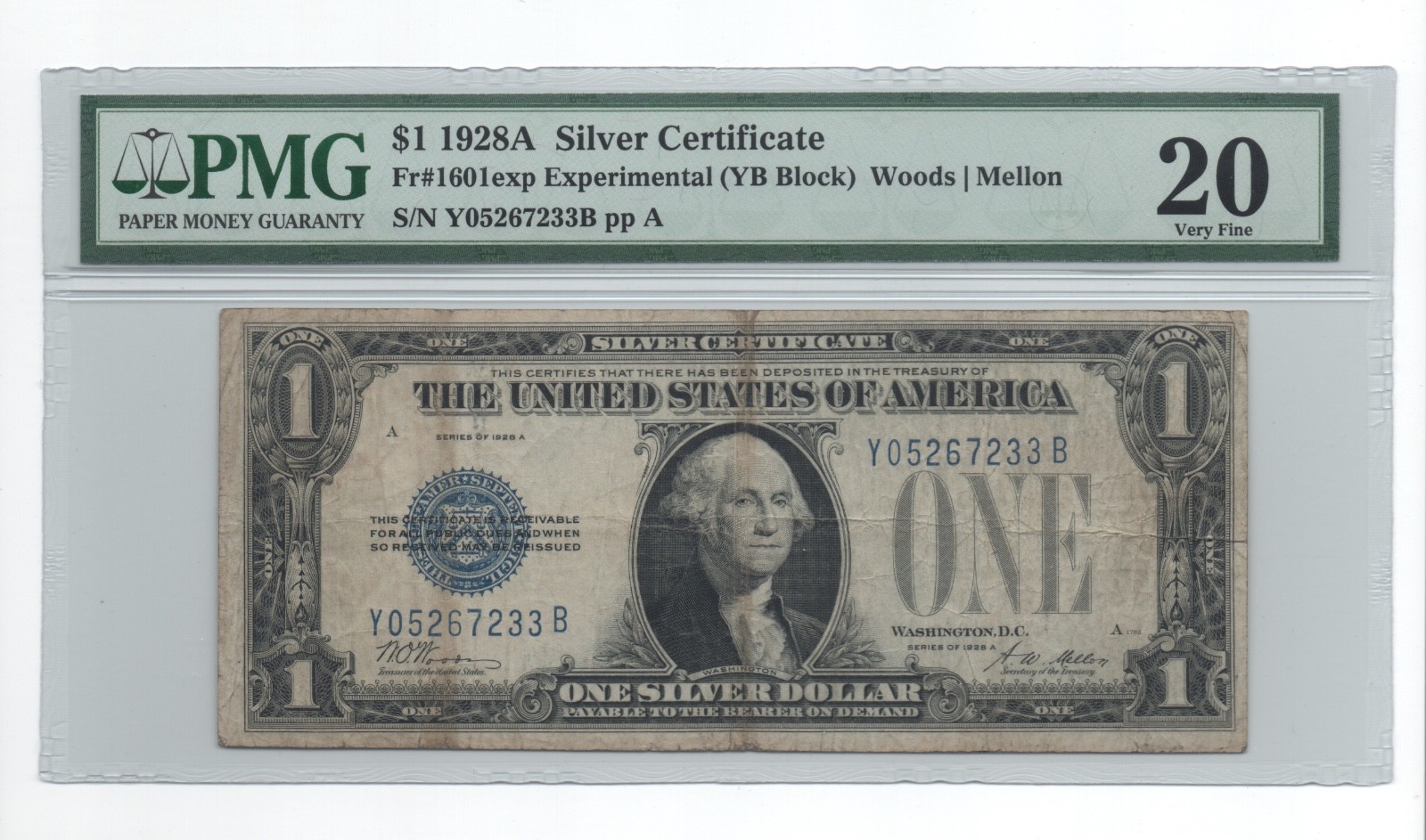 $1 1928A EXPERIMENTAL - Silver Certificate - fr. 1601exp - YB block - PMG 20