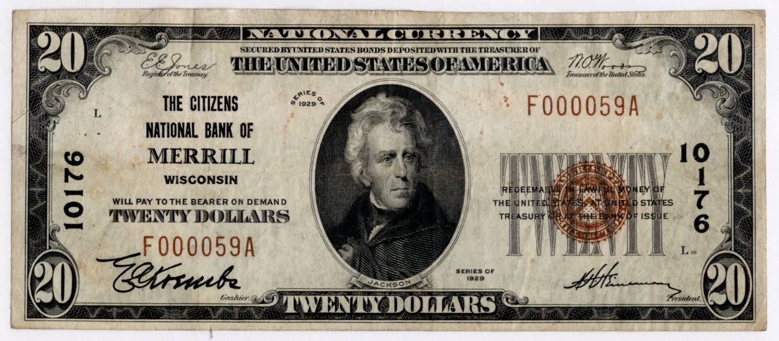 1929 T1 $20 Merrill Wisconsin National Banknote - CH# 10176 SCARCE