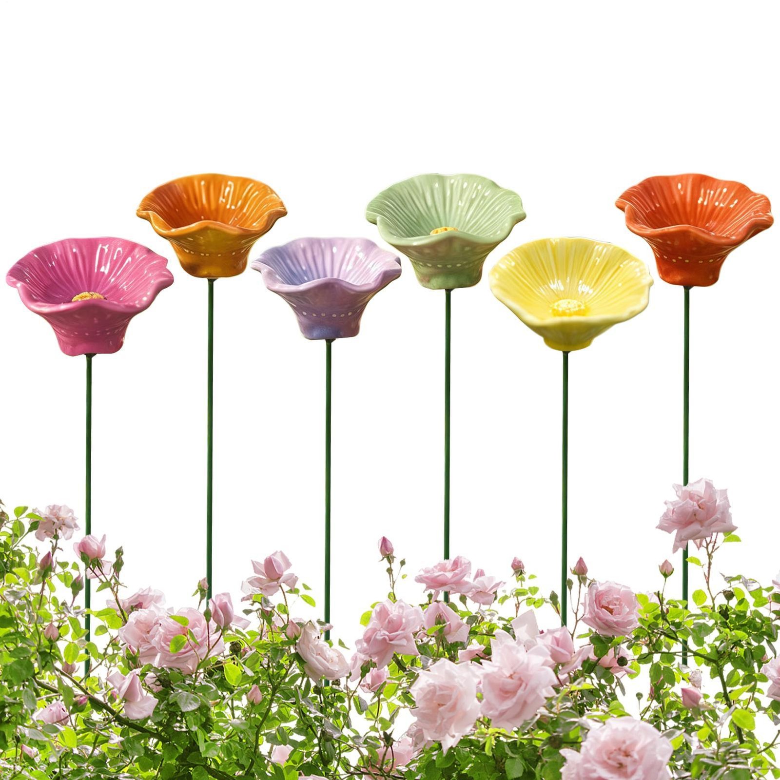 6Pcs Colorful Ceramic Flower Bee Watering Station Flower Bee Cup Garden Stake