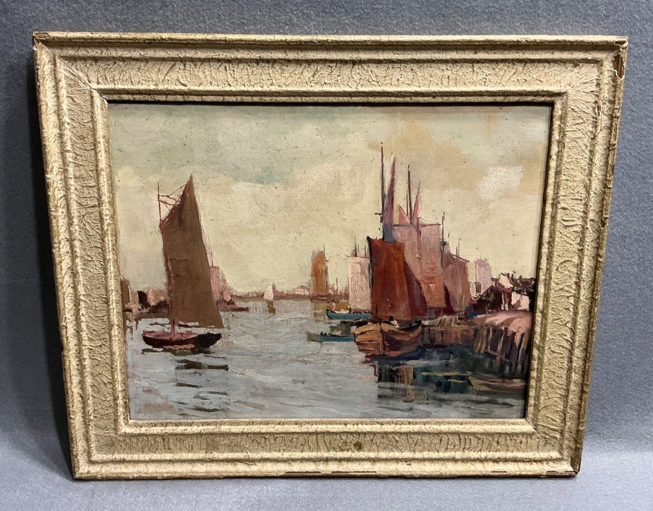 ANTIQUE c1900-1920 IMPRESSIONIST NAUTICAL SEASCAPE w/SAILBOATS OIL PAINTING ANTIQUE c1900-1920 IMPRESSIONIST NAUTICAL SEASCAPE w/SAILBOATS OIL PAINTING