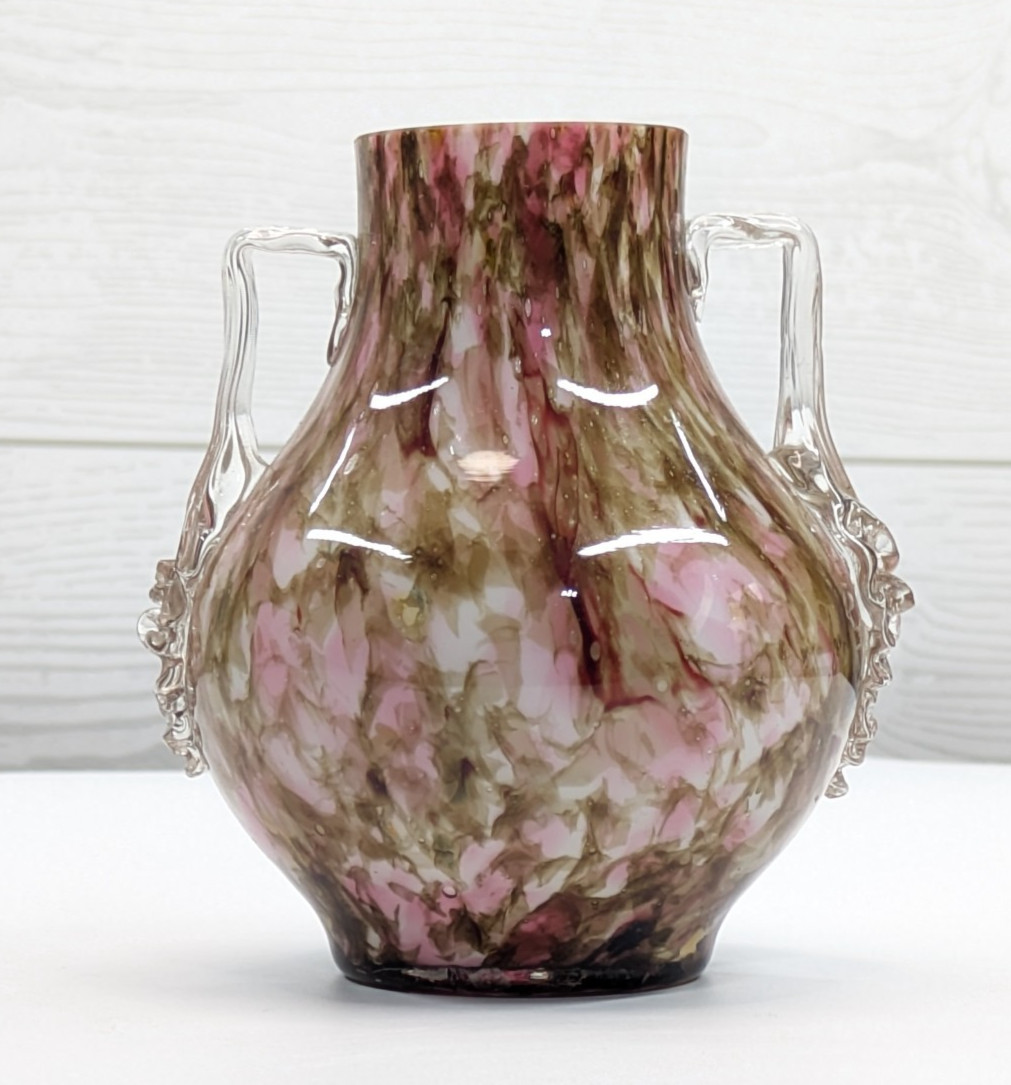 VTG Victorian Bohemian Spatter Cased Glass Vase Double Handle Frank Welz 4.5