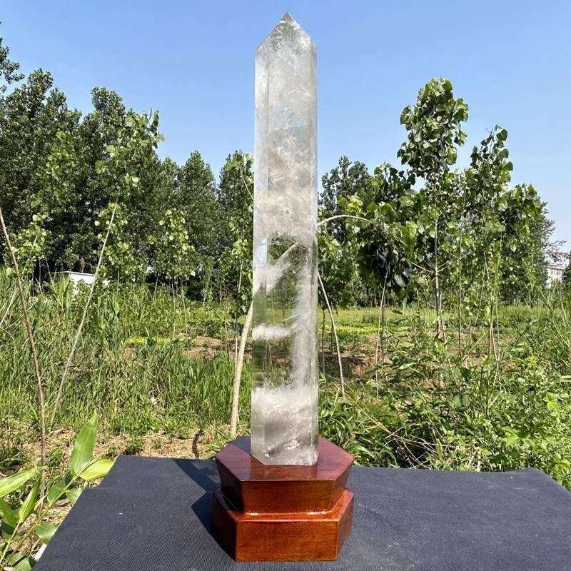 10.71LB TOP Natural clear quartz obelisk carved crystal wand point healing+stand