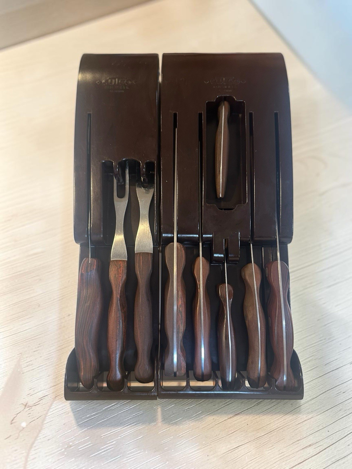 Vintage Cutco 1960s Complete 9 Pc Knife Set 2 Brown Swirl Wall Mounts USA 20-28