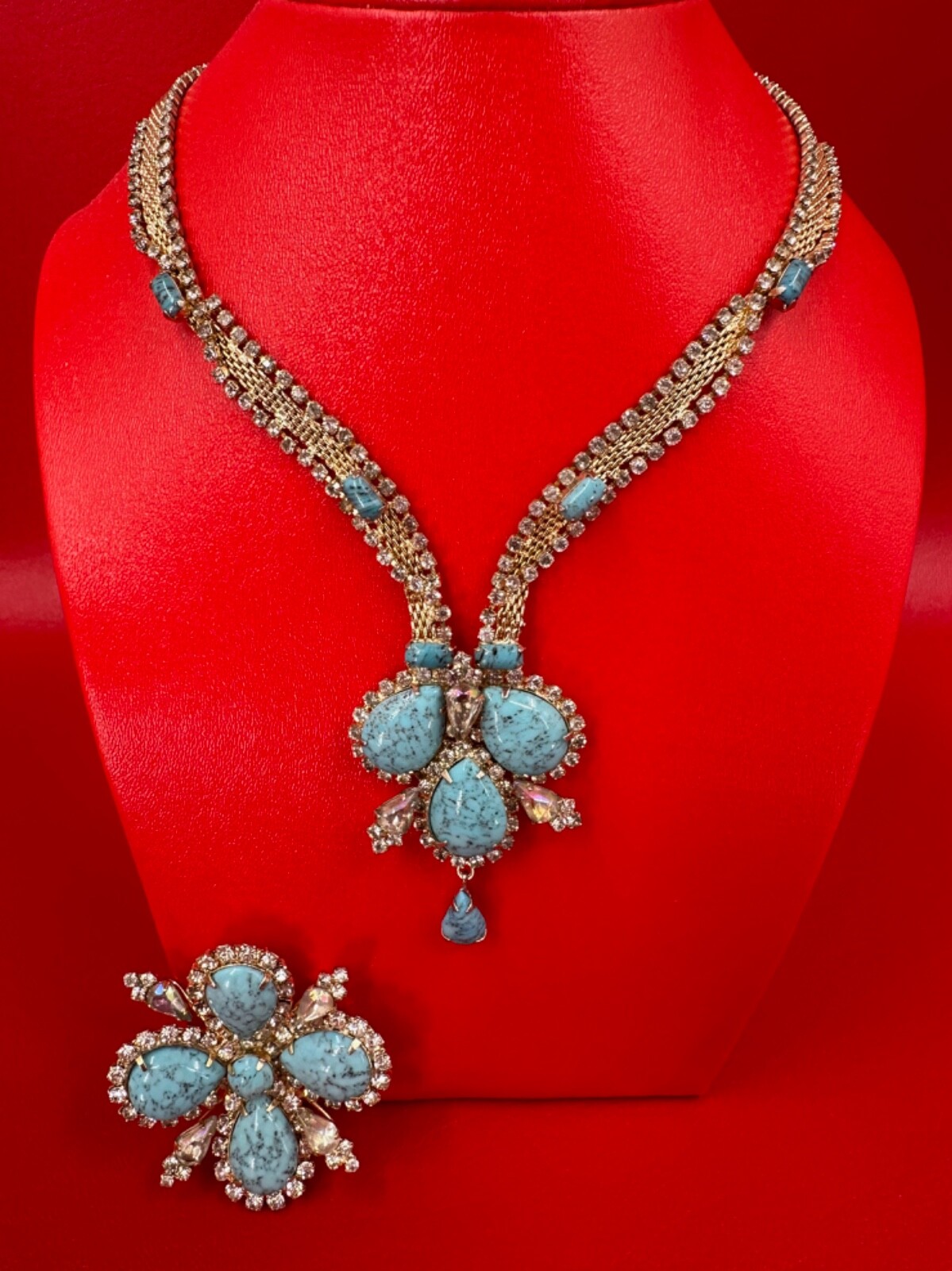 Hobe Gilt Mesh Demi Parure Twist Turquoise Clear Rhinestone Necklace Brooch Set