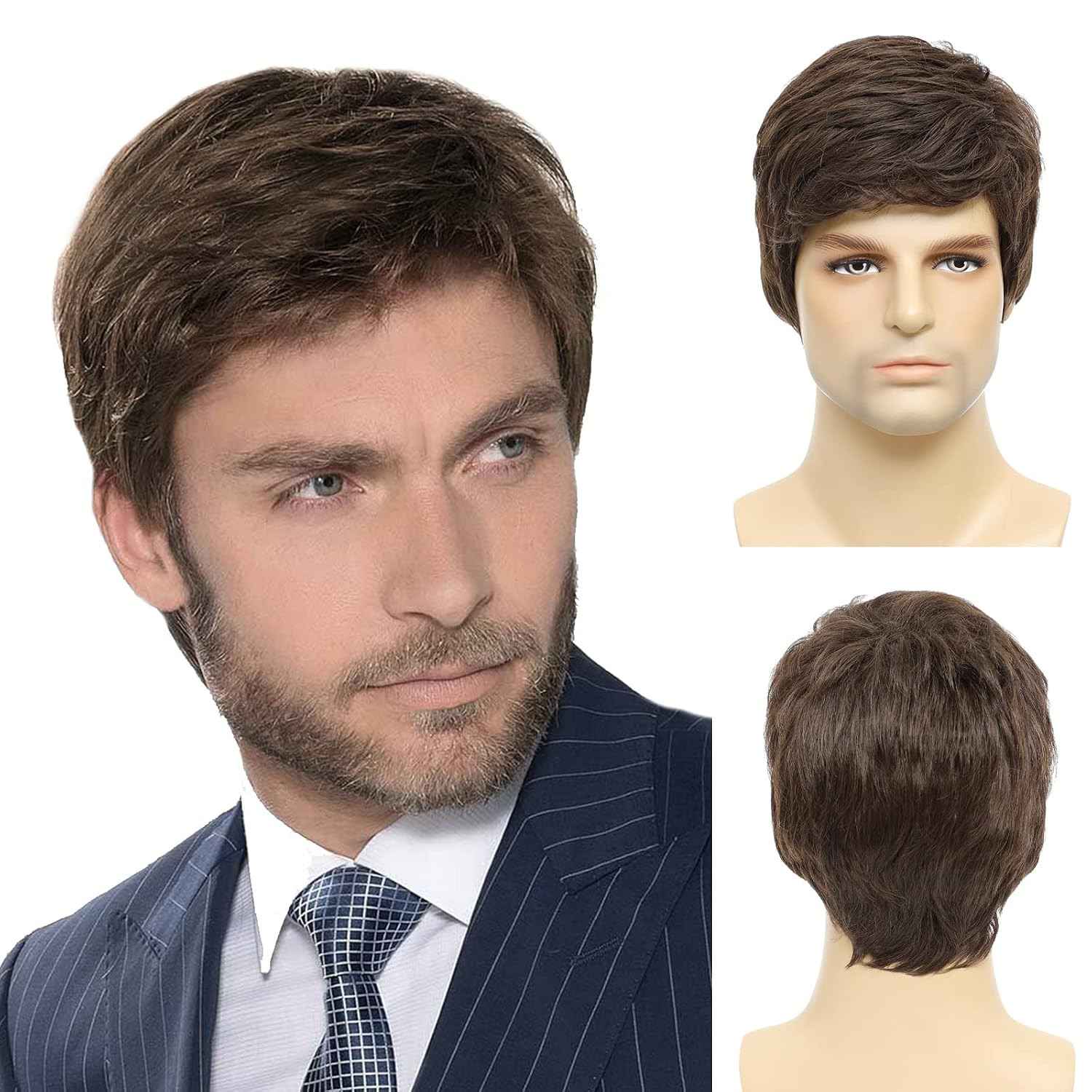 Mens Brown Wig, Short Brown Men Wig Layered Natural Hair Full Synthetic Wigs