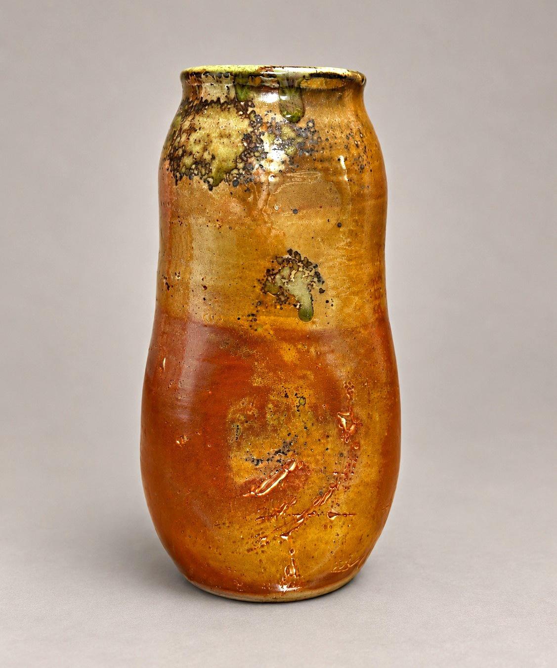 Signed Studio Art Pottery Vase Orange Amber Drip Glaze Sculptural Pinched Form Signed Studio Art Pottery Vase Orange Amber Drip Glaze Sculptural Pinched Form