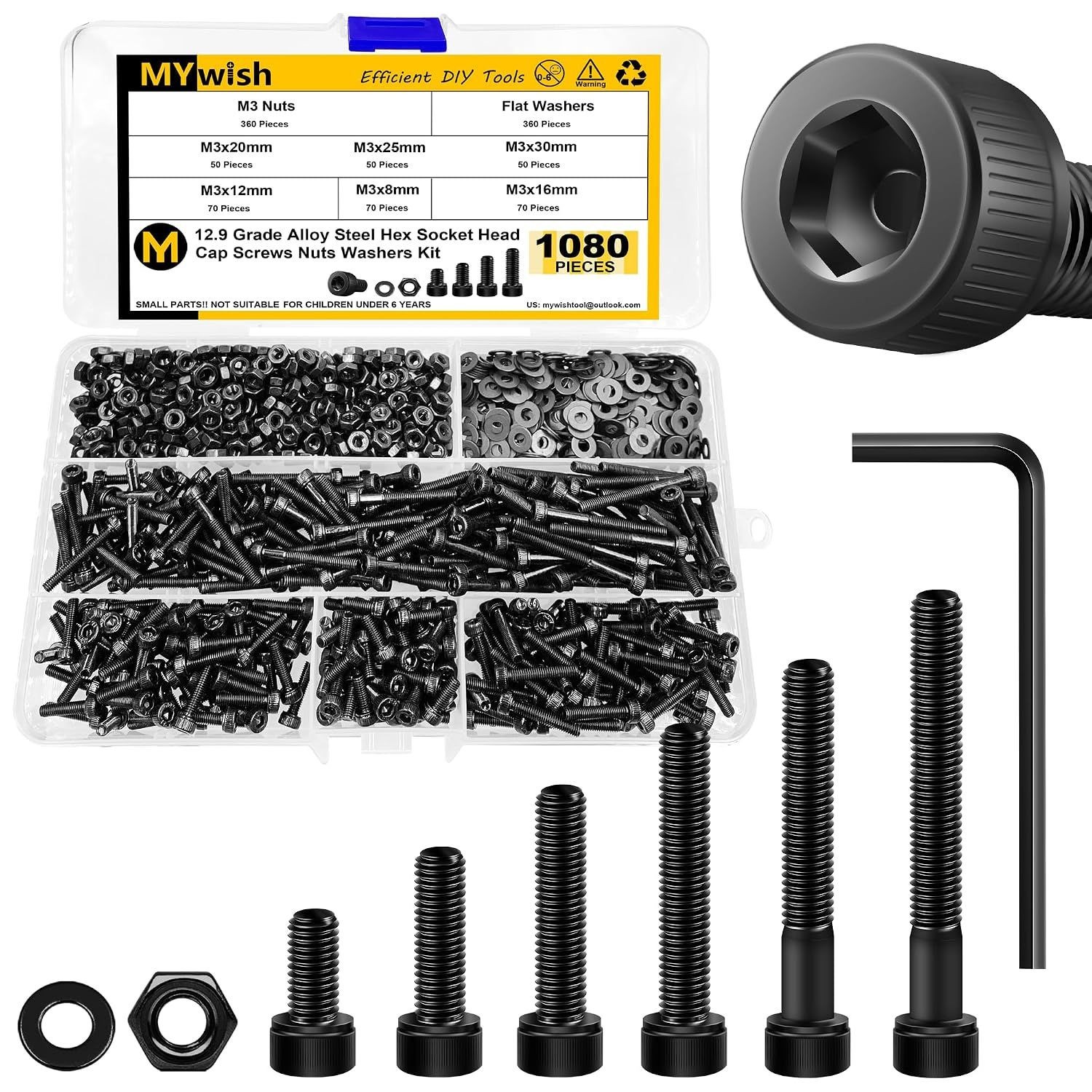 1080 Pcs Alloy Steel Hex Nuts, M3 Nuts Washers, 8mm to 30mm