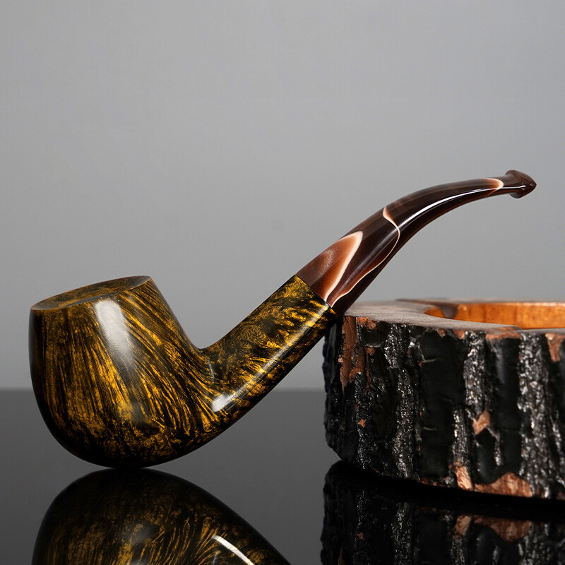 Handmade Briar Tobacco Pipe Smooth Wooden Pipe with 9mm Filter Bent Acrylic Stem
