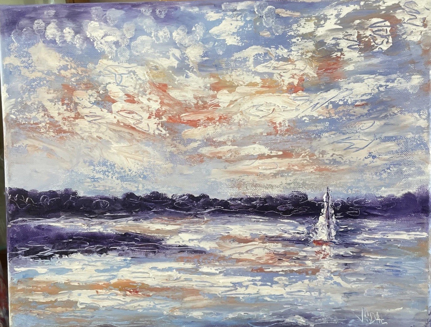 Original oil canvas painting 11 x 14 sailboat California lake textured clouds 
