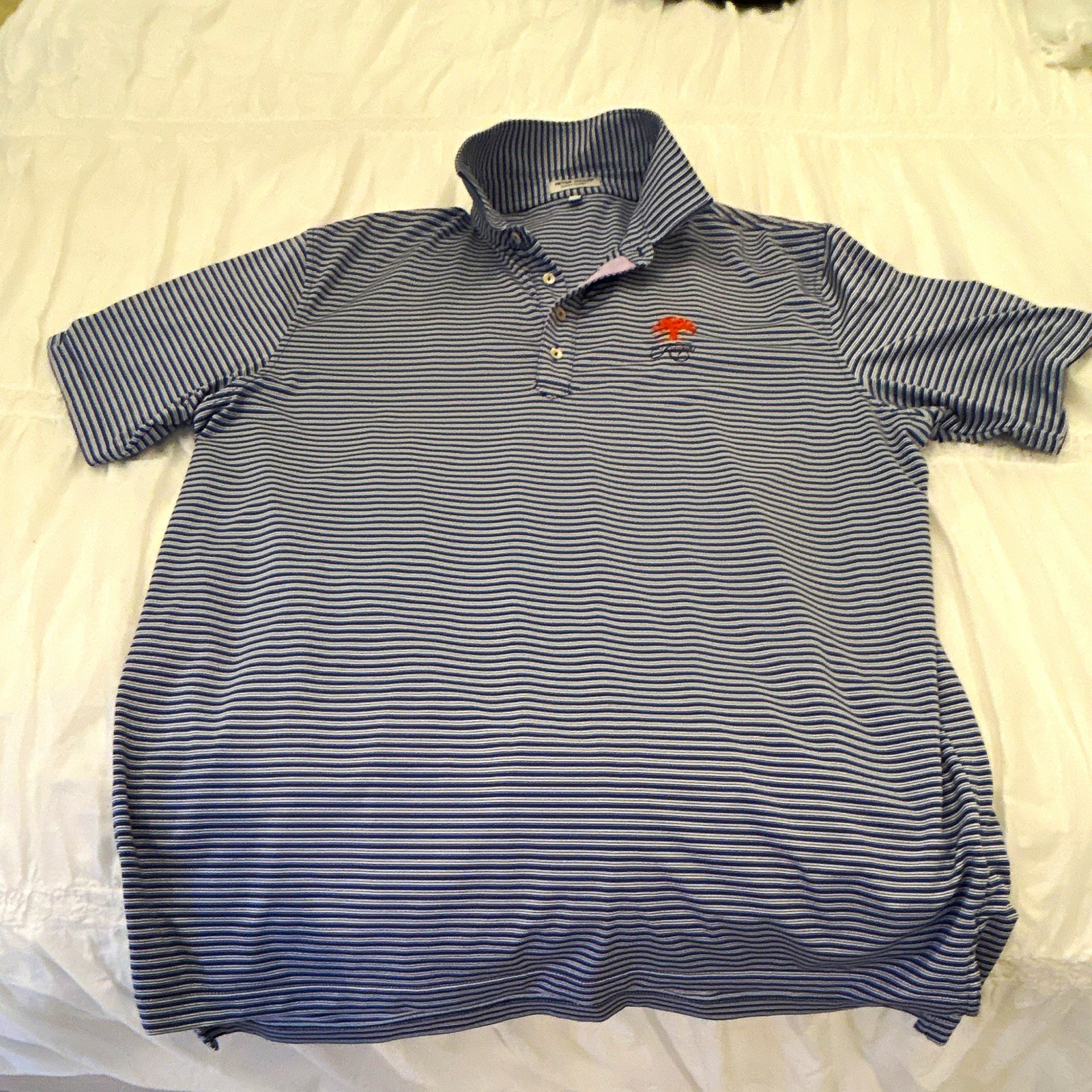 Peter Millar Summer Comfort Men\'s XL Blue/White Striped Polo Kiawah Logo