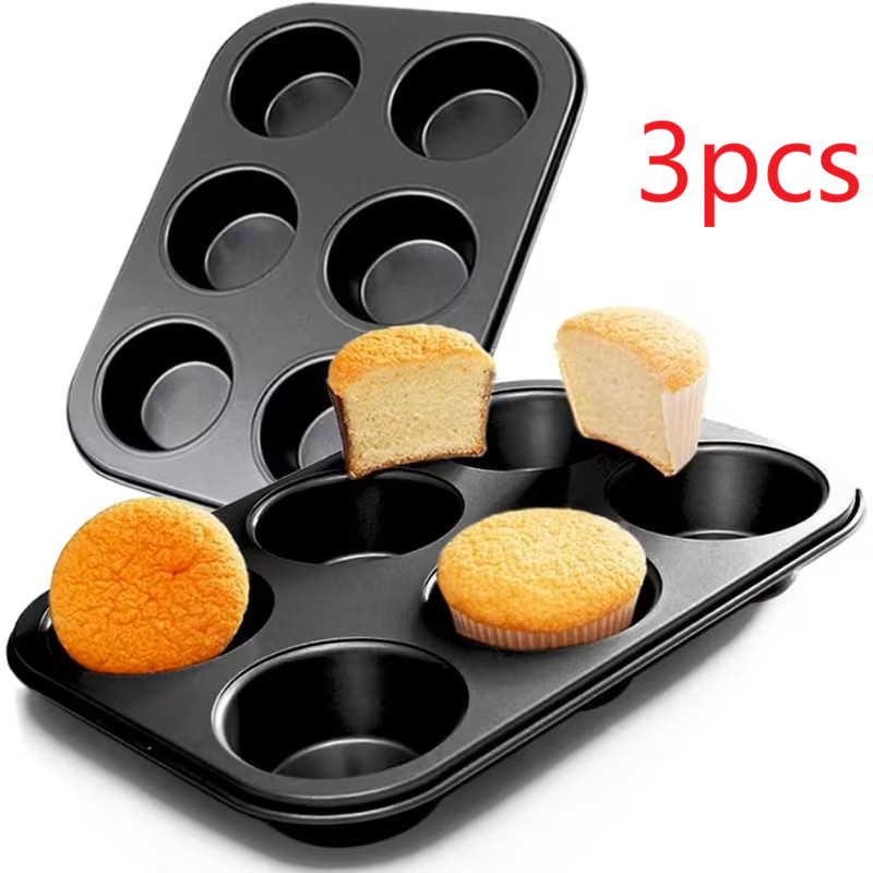 3 PCS Pack 6-Cups Cake Muffin Pan Non-Stick Bakeware Muffin Cups Carbon Steel US