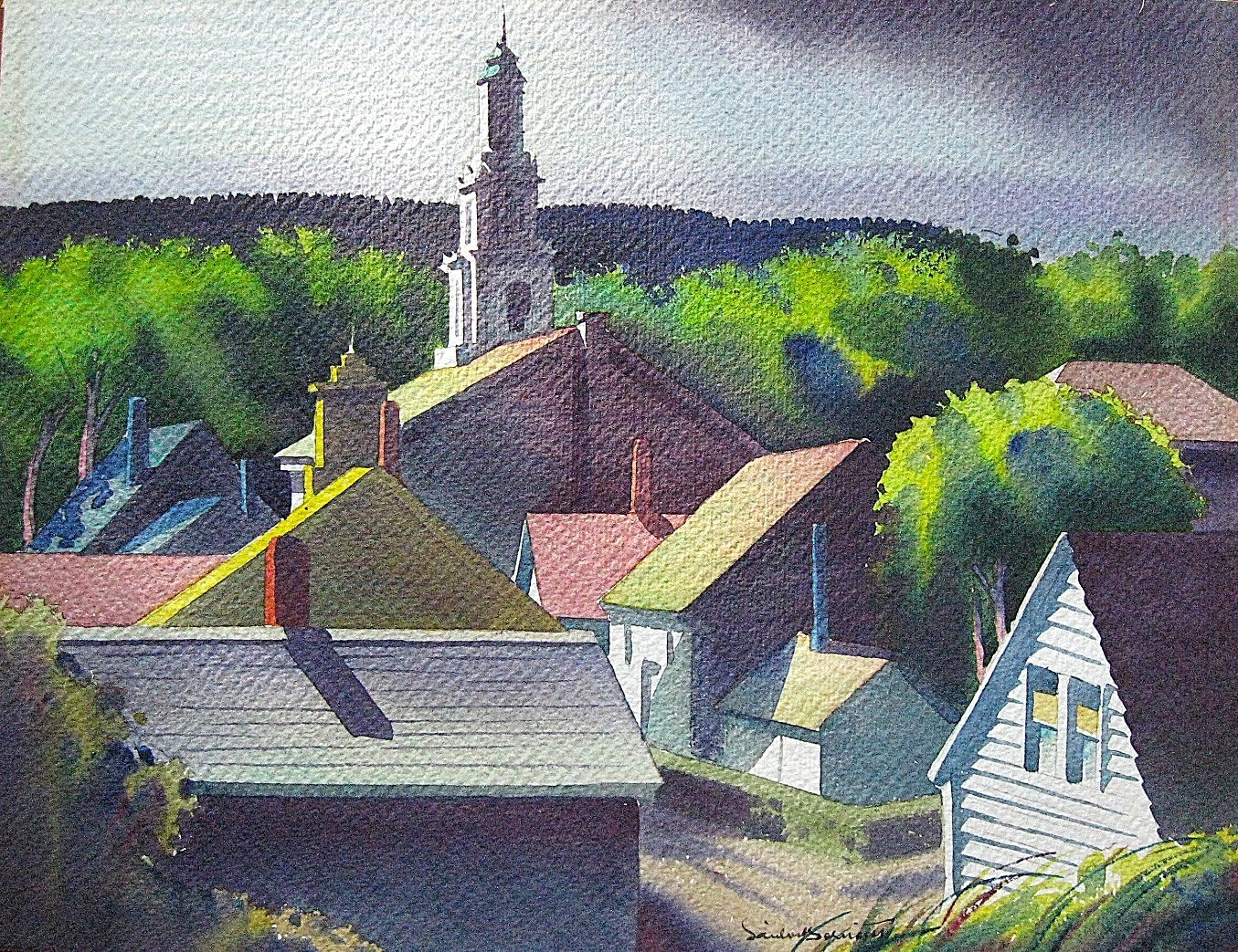 Original watercolor painting signed Sandor Bernath Greenwich, Mass rooftops
