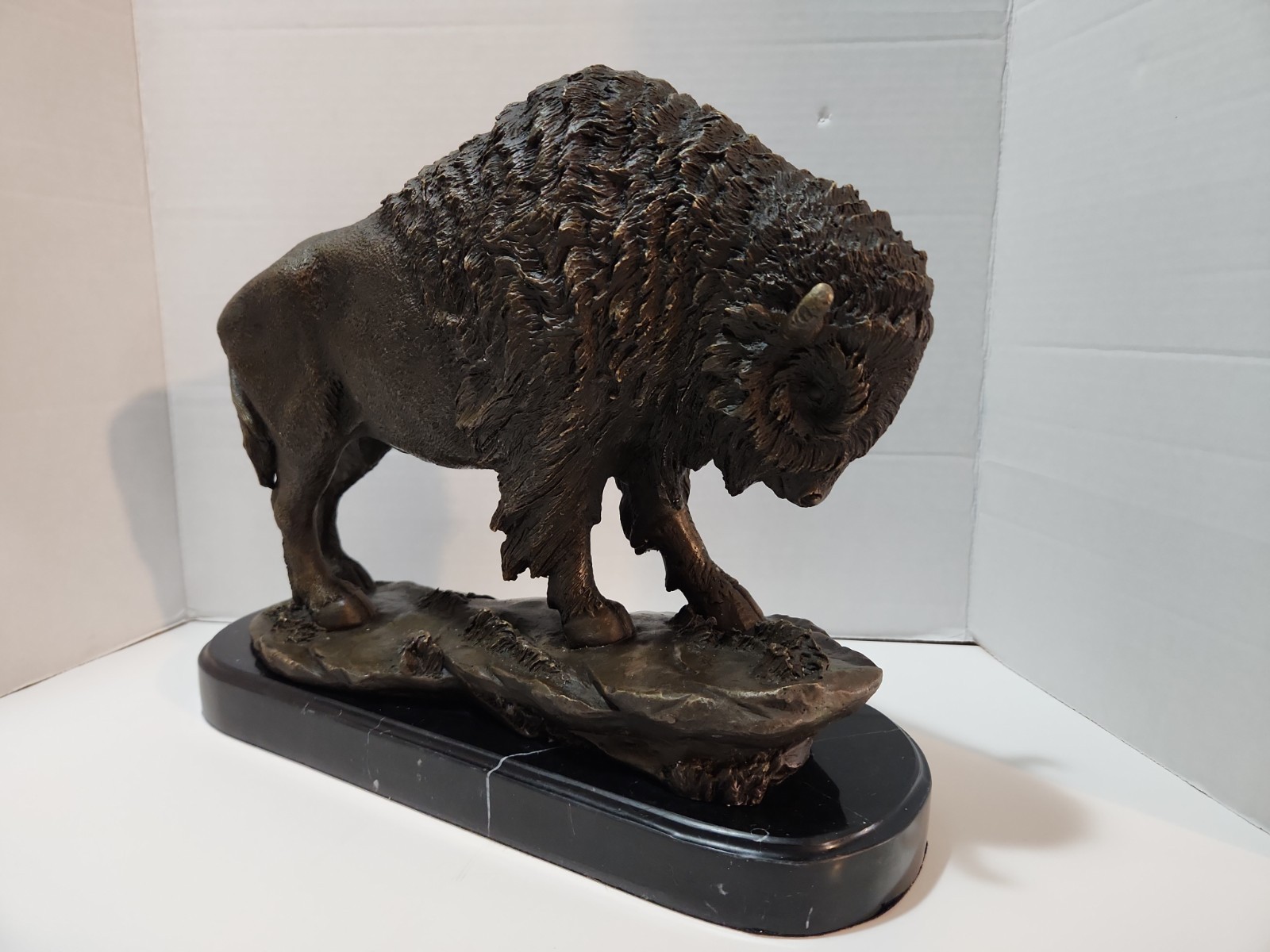 Large Vintage RARE Bronze Bison Buffalo HEAVY Sculpture With Black Marble Base