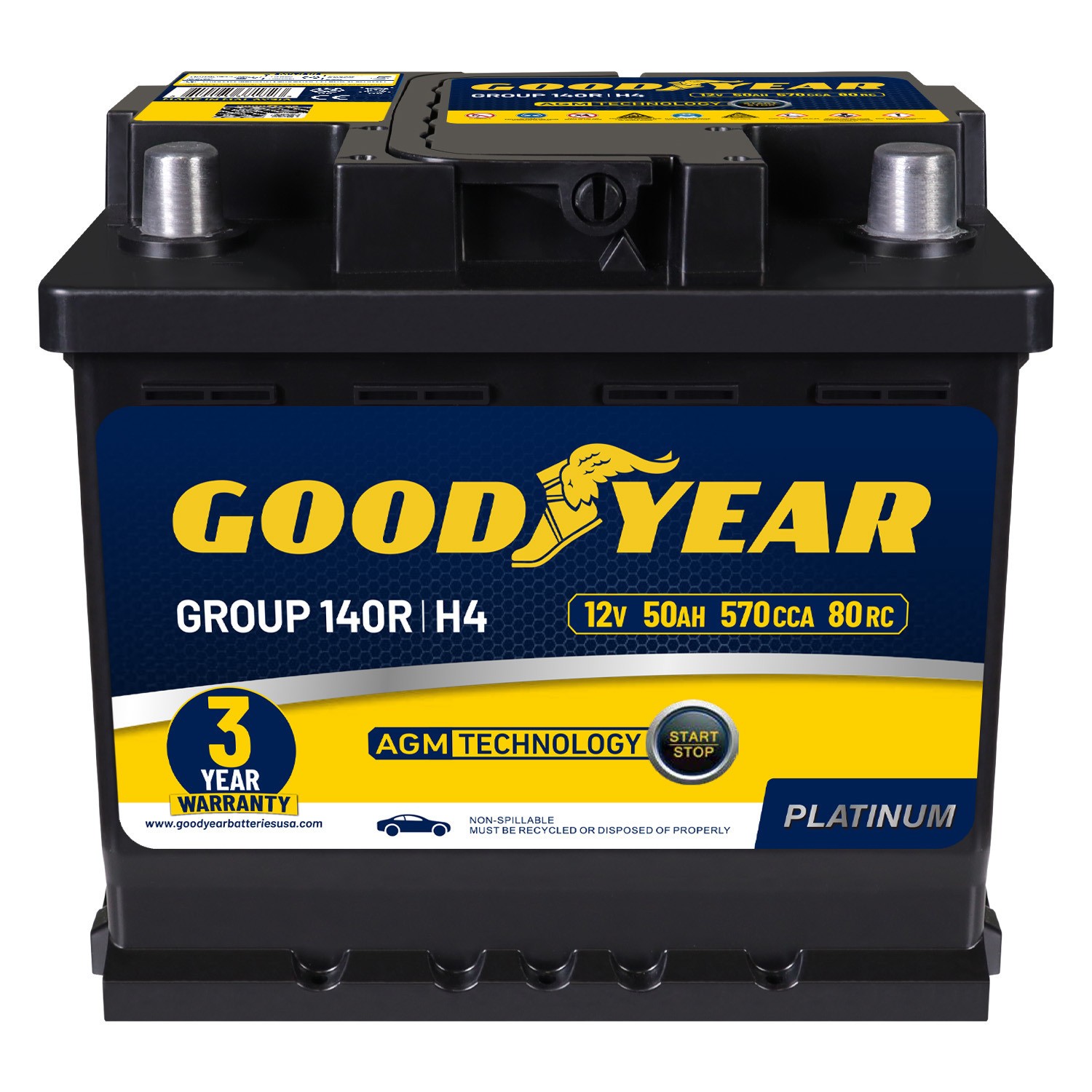 Goodyear Group 140R 12V 50 AH, 80RC, 570 CCA Platinum AGM Automotive Battery Goodyear Group 140R 12V 50 AH, 80RC, 570 CCA Platinum AGM Automotive Battery