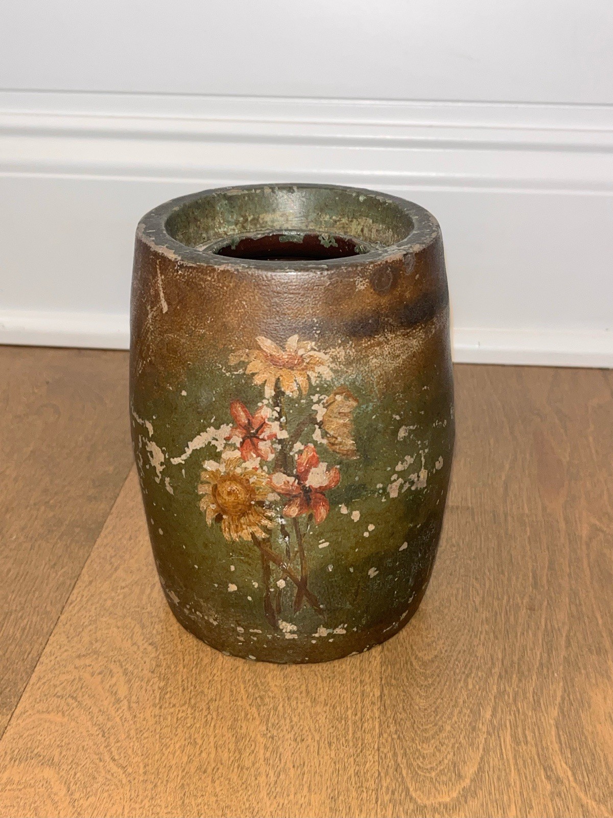Stoneware Primitive 19th Century Jar: Dark Green Finish W/ Floral Painting Stoneware Primitive 19th Century Jar: Dark Green Finish W/ Floral Painting