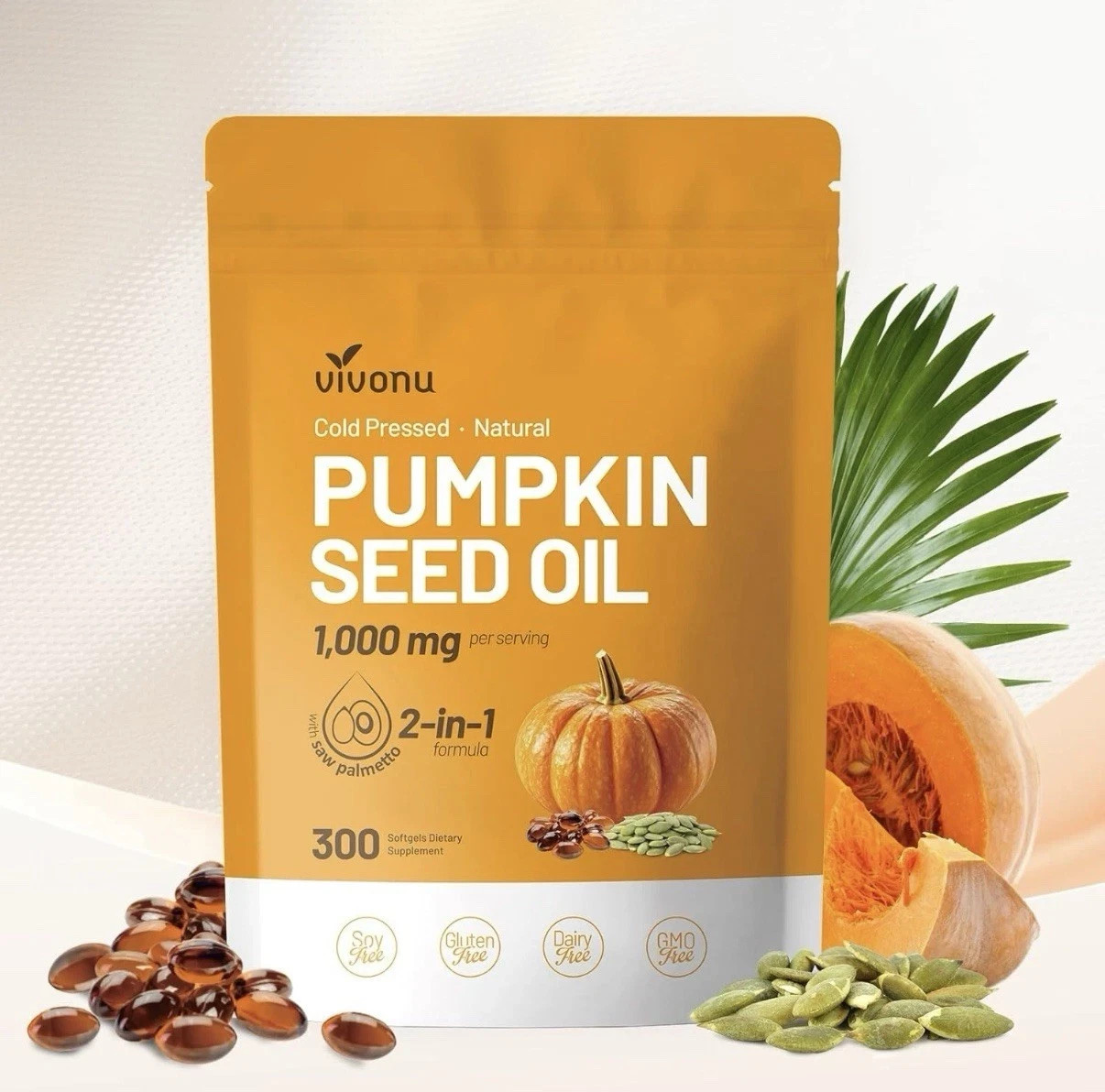 VIVONU Pumpkin Seed Oil with Saw Palmetto Capsules Cold Pressed, Pure Virgin Oil VIVONU Pumpkin Seed Oil with Saw Palmetto Capsules Cold Pressed, Pure Virgin Oil