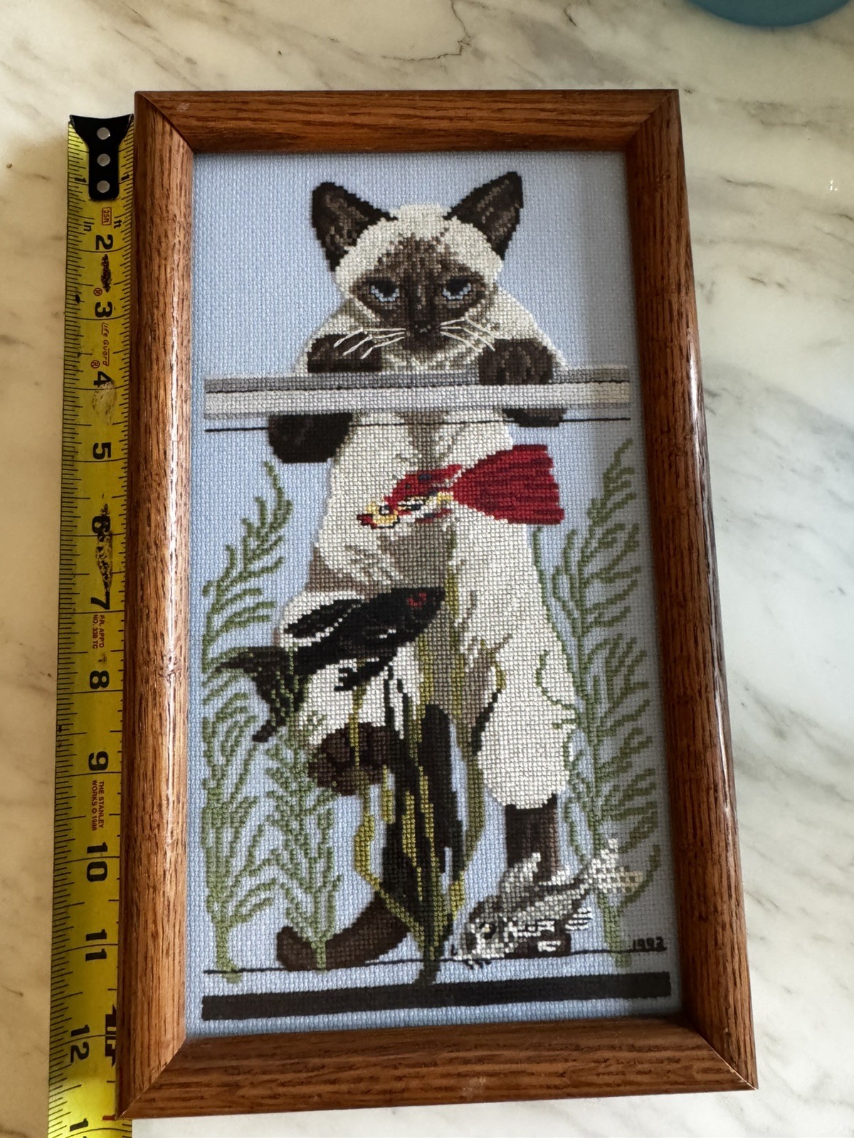 Vintage Finished Cross Stitch Art - Siamese Cat & Aquarium (1992) 12”