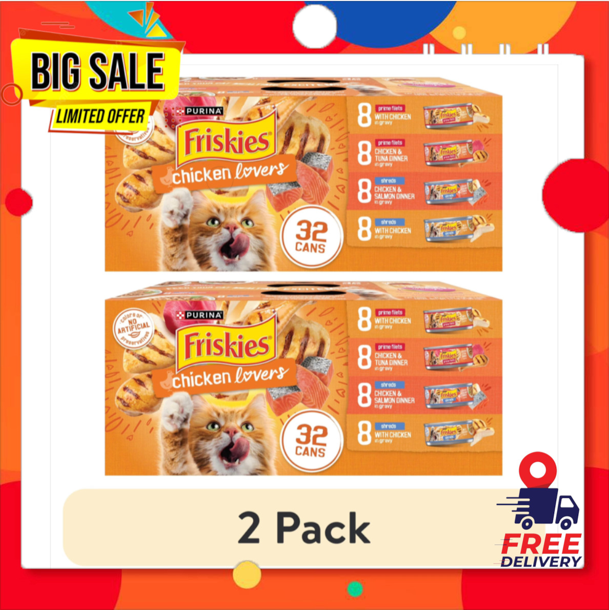 2-Pack Purina Friskies Chicken Lovers Prime Filets & Shreds Wet Cat Food 5.5oz