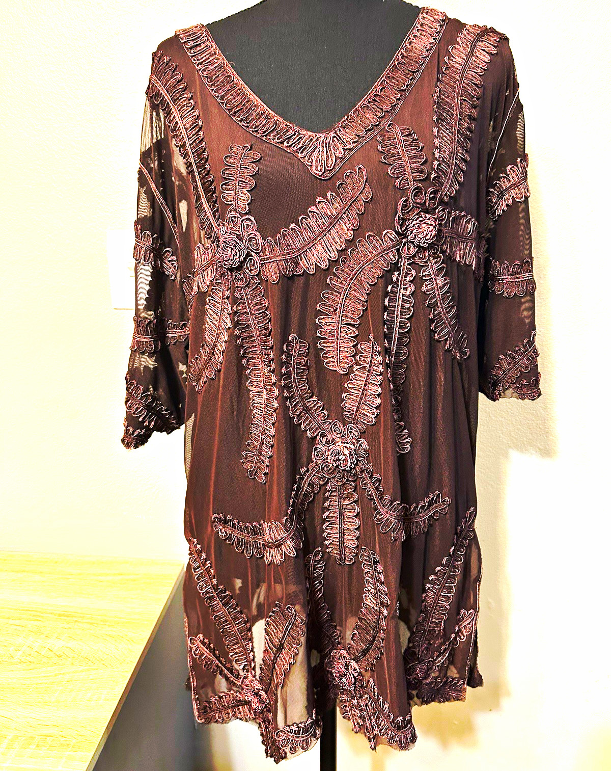 Hot Sports Brown Sheer Mesh Soutache Embroidered Tunic Top Thailand Boho