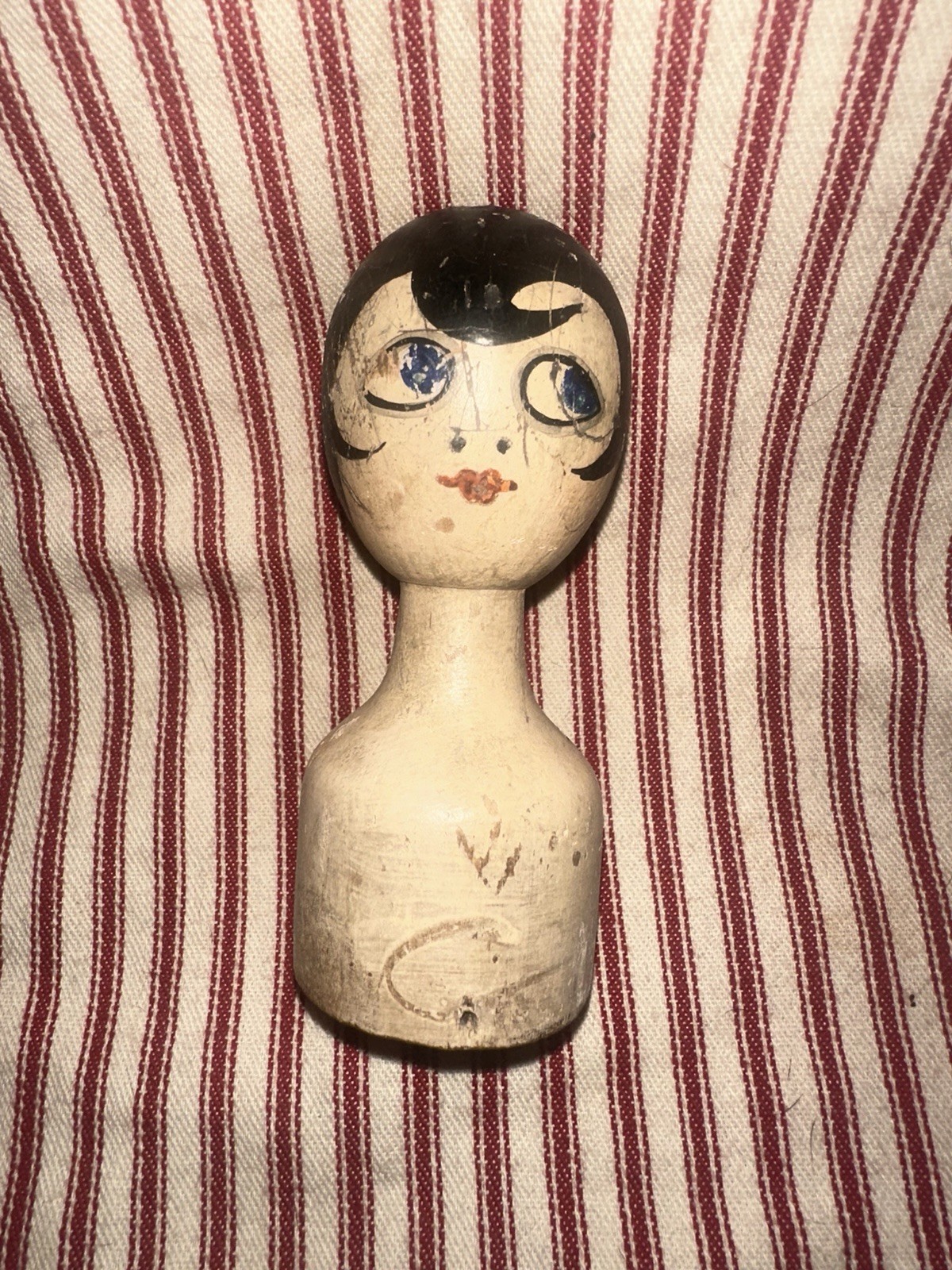 Antique Dowel Wooden Folk Art Painted Flapper Girl Style Head