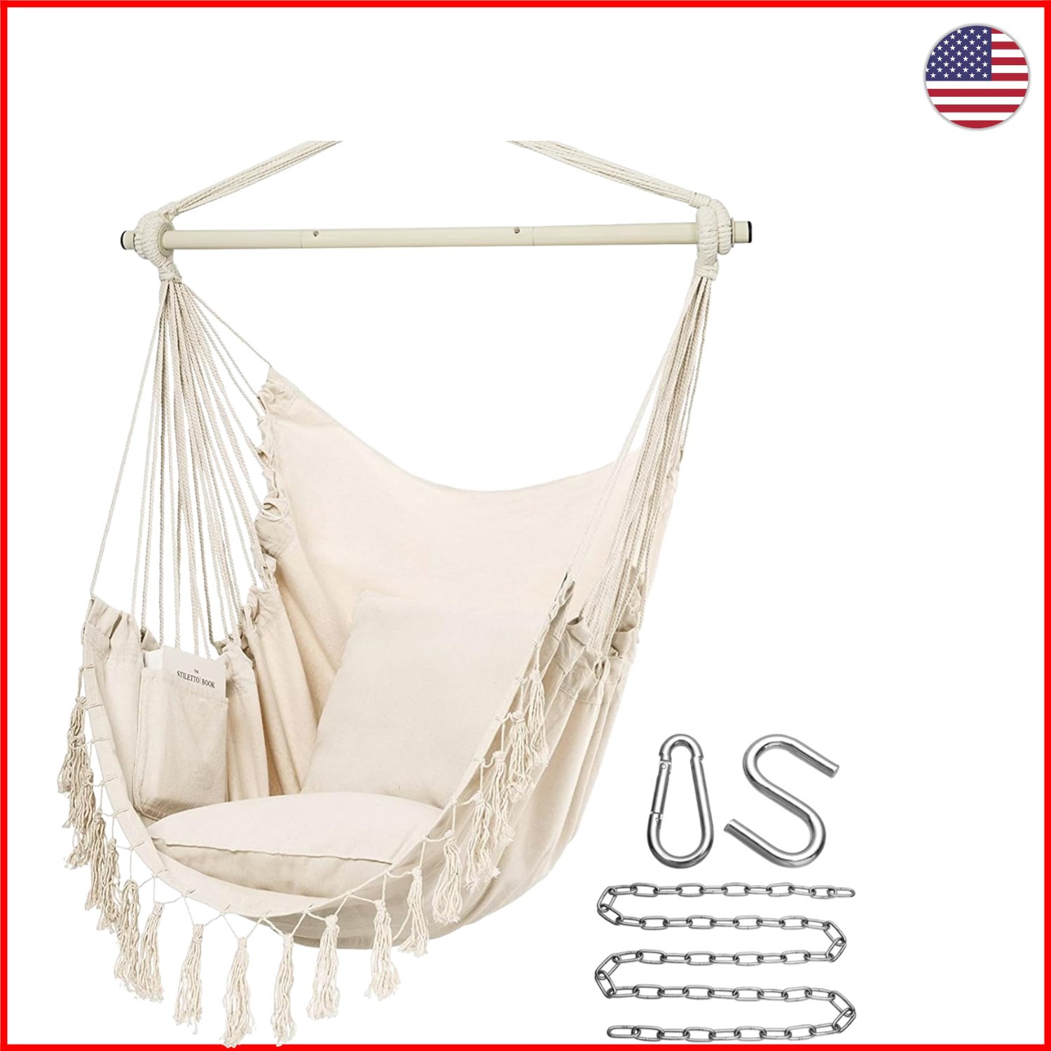 Luxury Macrame Hammock Chair with 2 Cushions, Max 500 Lbs, Beige, Indoor/Outdoor Luxury Macrame Hammock Chair with 2 Cushions, Max 500 Lbs, Beige, Indoor/Outdoor