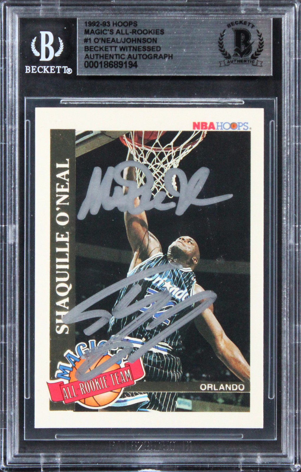 Shaq O\'Neal & Magic Johnson Signed 1992 Magic\'s All-Rookies #1 Card BAS Slabbed