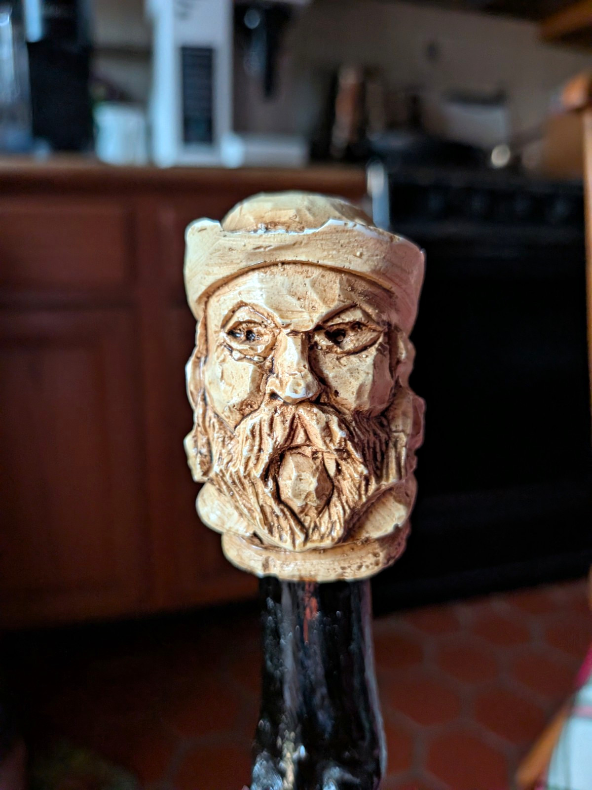 Vintage Hand Carved Wooden Walking Stick Cane Bearded Man Folk Art Handle