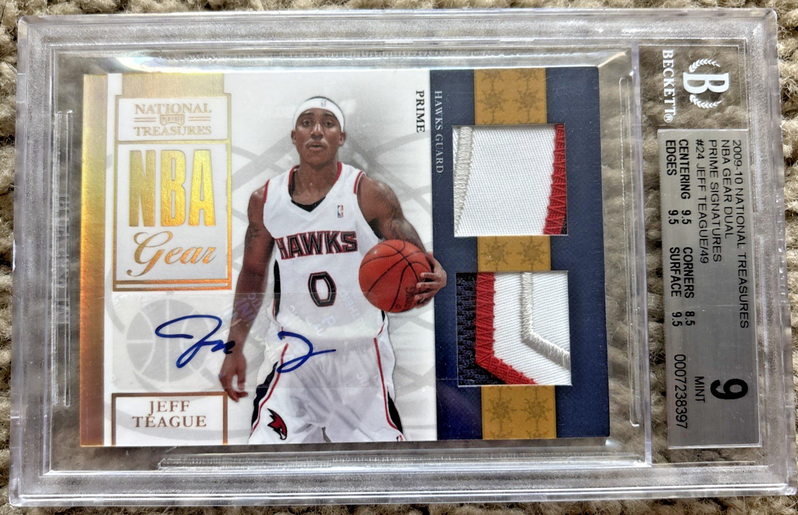 2009-10 Playoff National Treasures Jeff Teague Rookie Auto Dual Patch 1/49 BGS 9