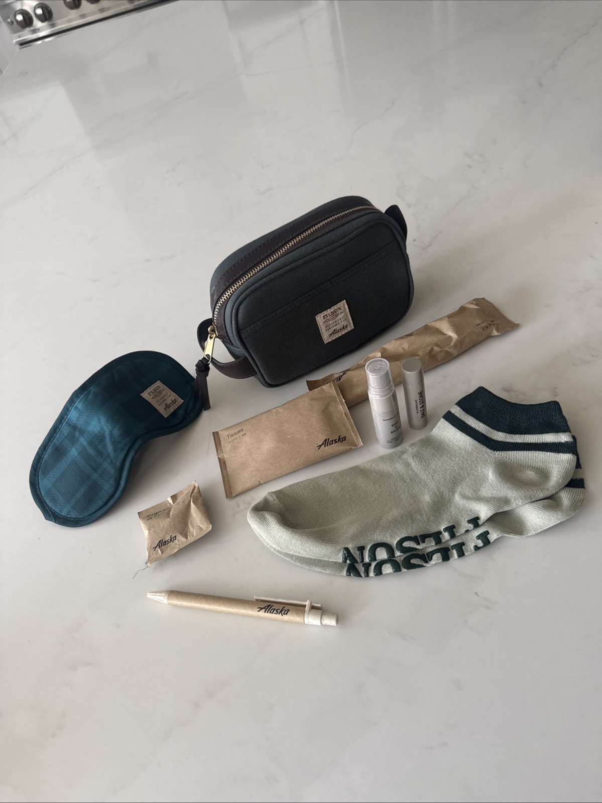Filson + Alaska Airlines First Class Mini Rugged Twill Dopp Kit W/ Accessories