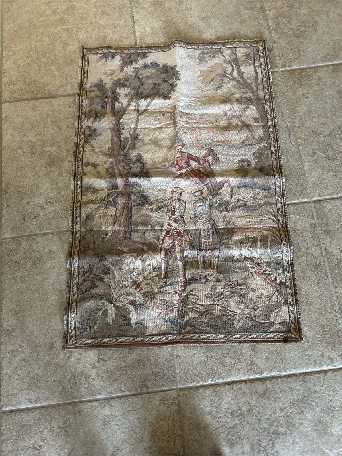 Vintage French Figural Floral Tapestry Wall Hanging 38”x 25” Hunting Man Cave