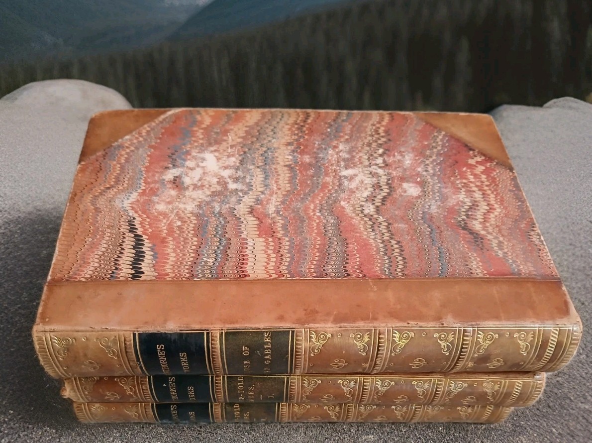 Antique 1864 Civil War Era Leather Set Of 3 Nathaniel Hawthorne Novels Gilt Edge