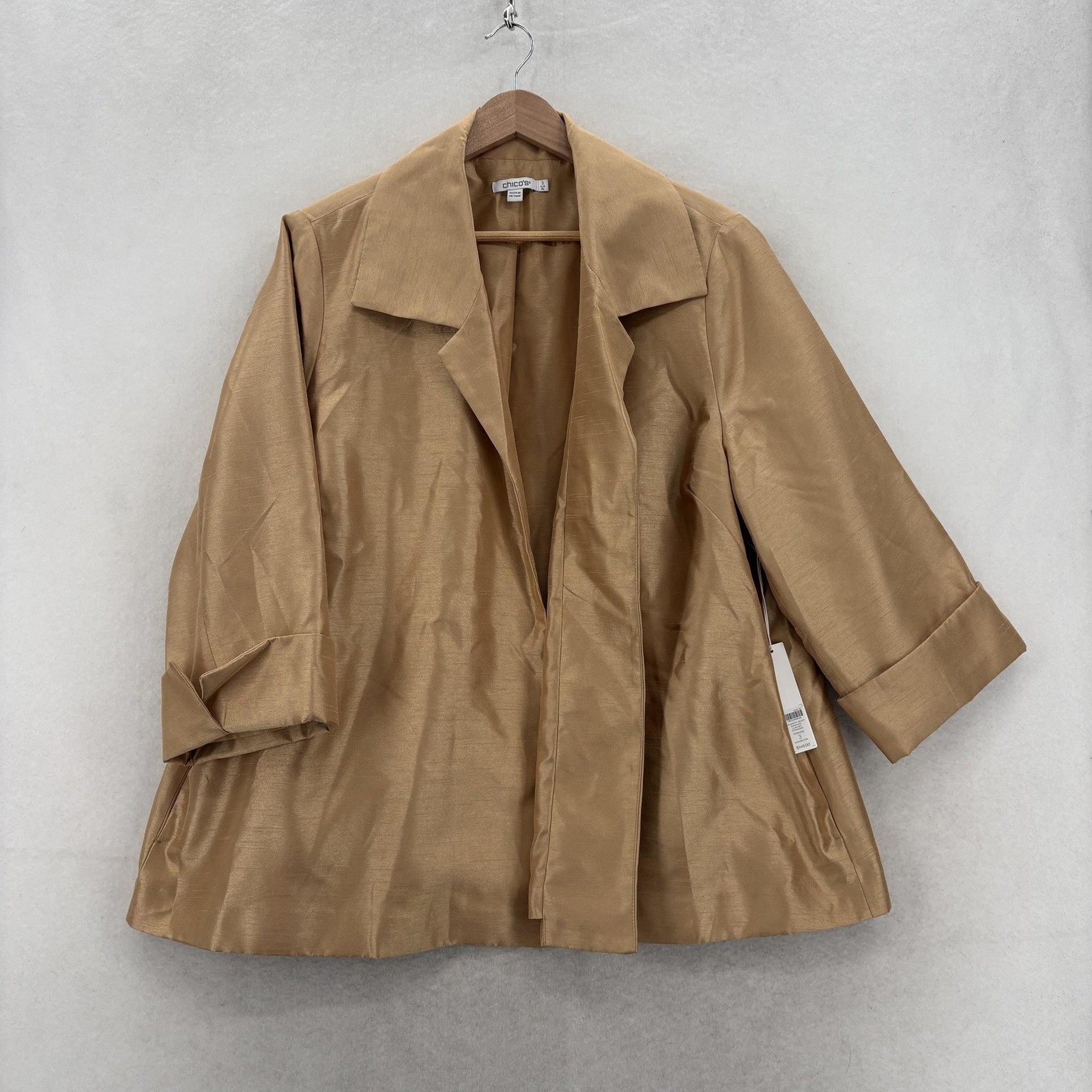 Chico\'s Shantung Midlength Jacket Womens 3 Beige Collared Open Front Lined NWT