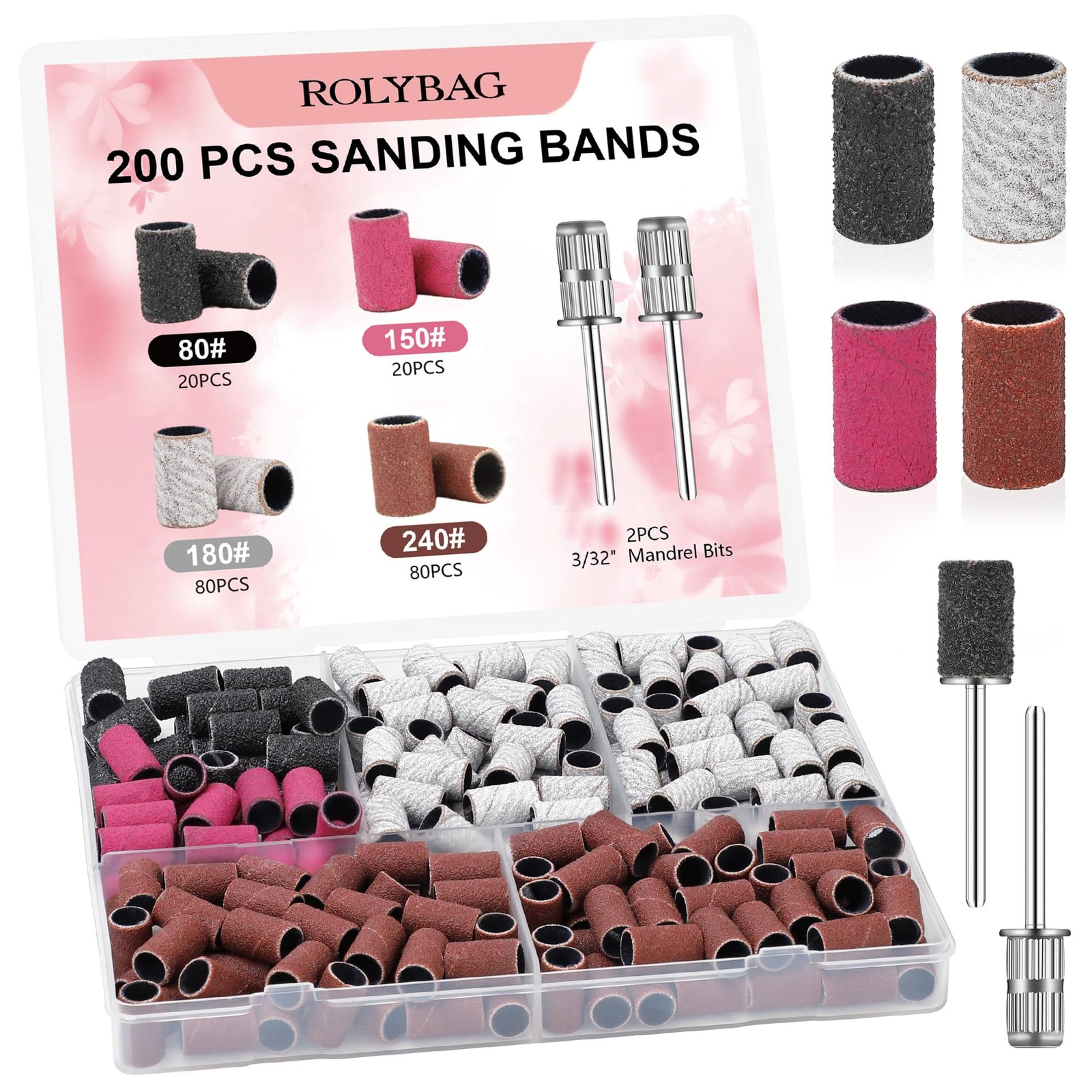 Rolybag 200 Pcs Nail Drill Bits Sanding 203C, A_Black, Pink, White, Brown Rolybag 200 Pcs Nail Drill Bits Sanding 203C, A_Black, Pink, White, Brown