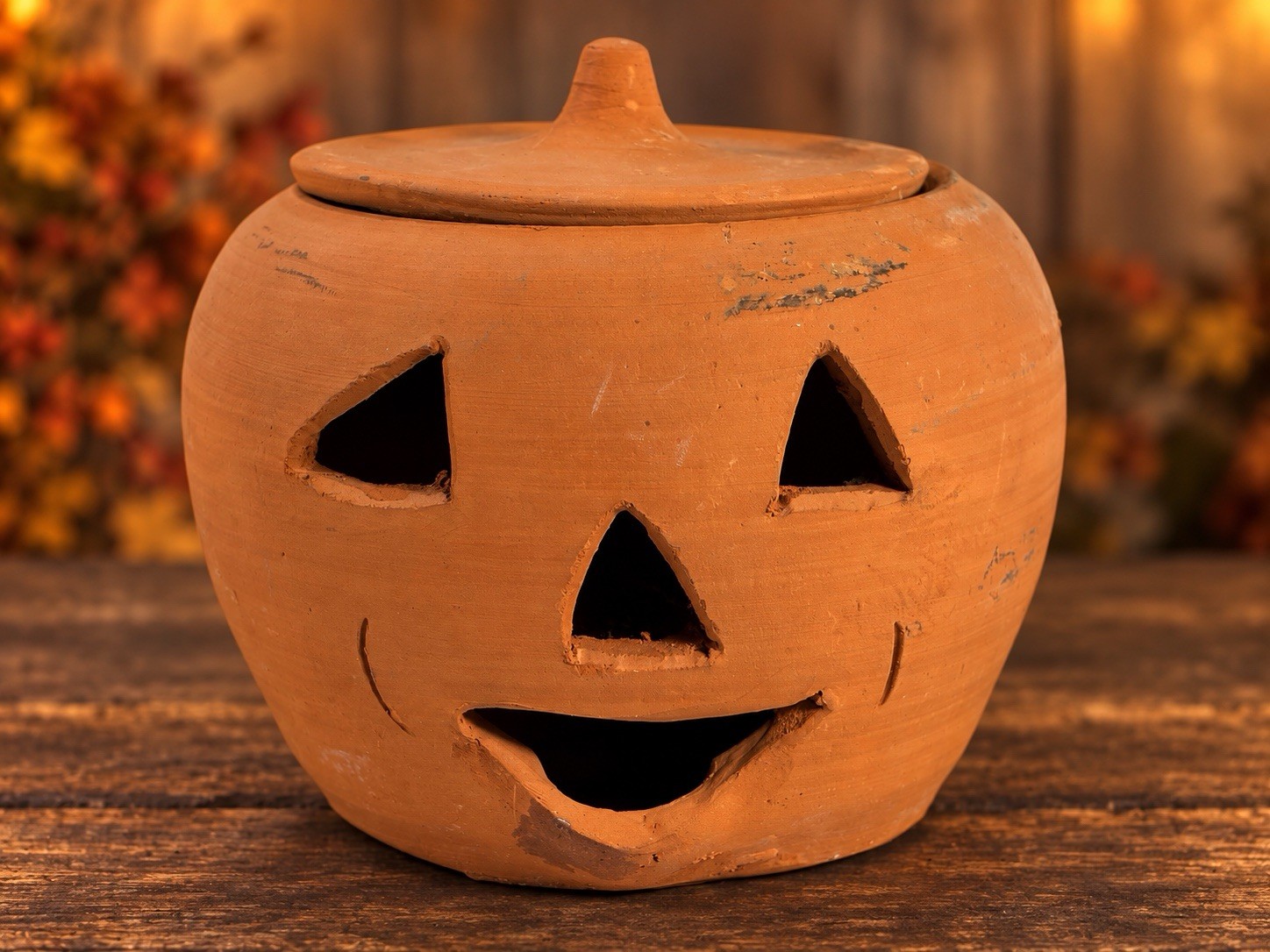 VINTAGE TERRACOTTA JACK O LANTERN PUMPKIN CANDLE HOLDER HALLOWEEN DECOR POTTERY