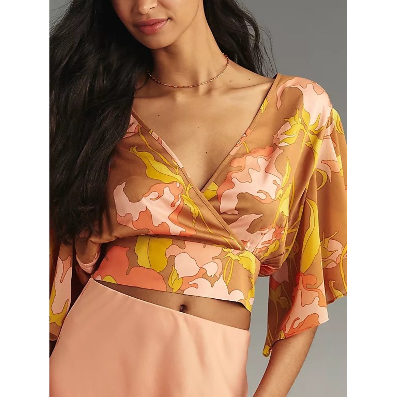 Tiny by Anthropologie Peach Floral Wrap Crop Top with Yellow Accents