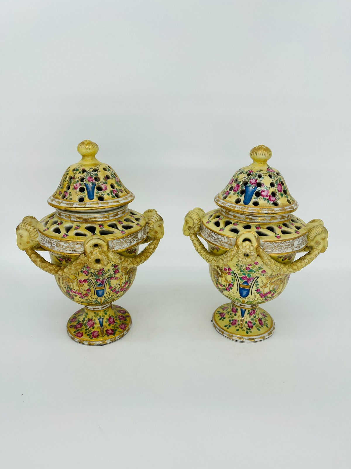 Vintage Pair United Wilson 1897 Yellow Pink Roses Crackle Porcelain Ram Head Urn