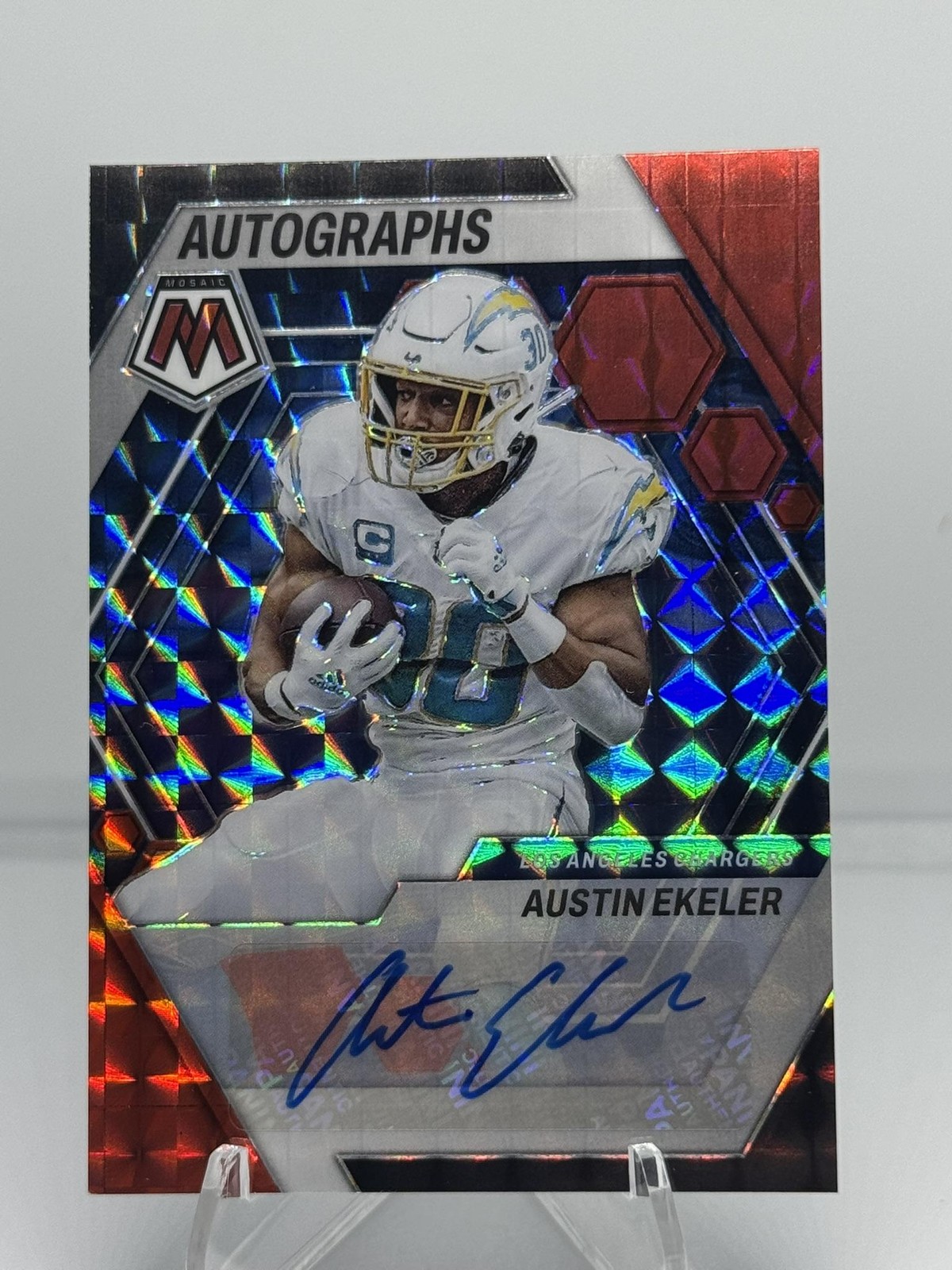 2023 Panini Mosaic #AM-AE Austin Ekeler Autographs Mosaic Red #/199