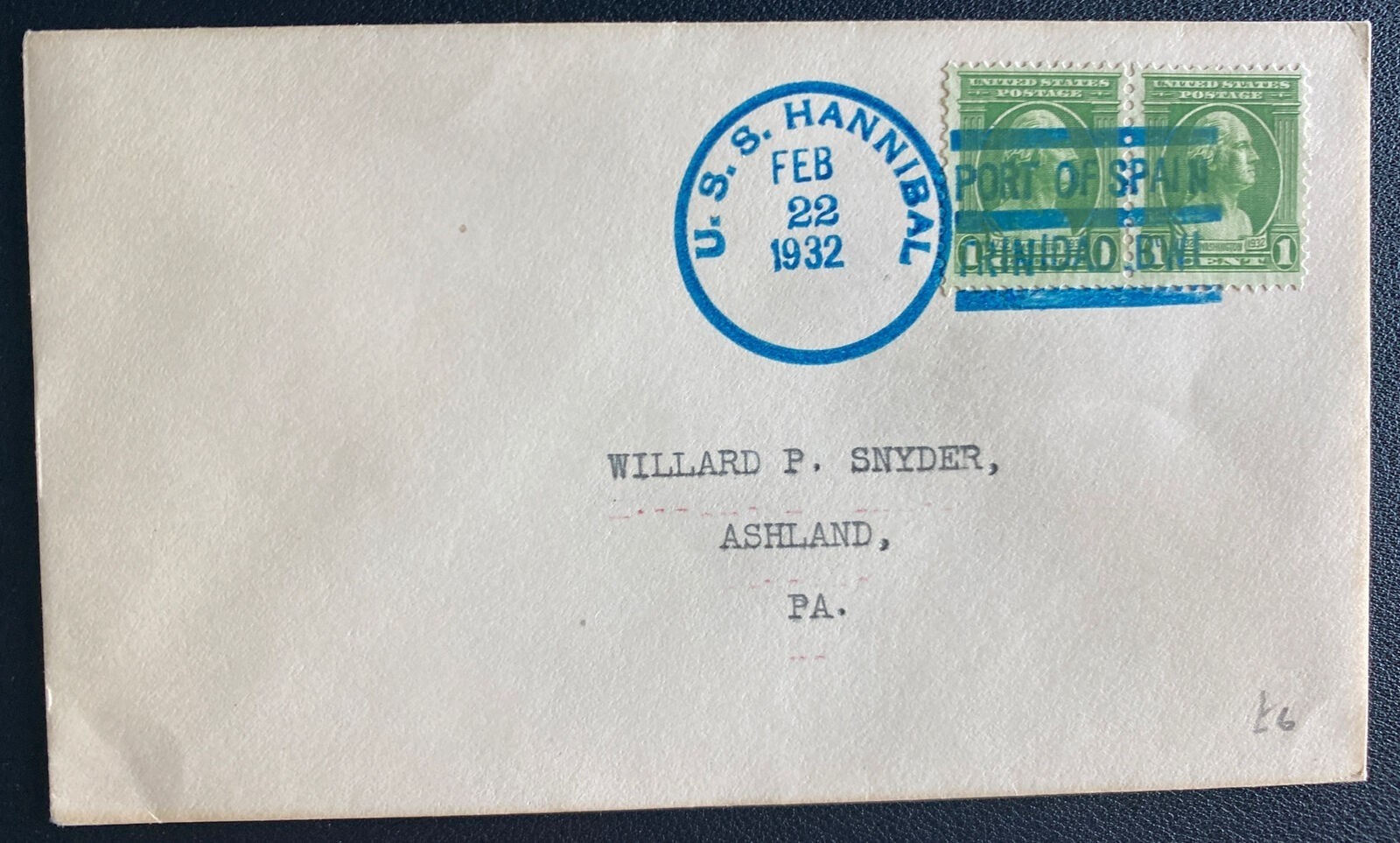 1932 US Marine Detachment Trinidad USS Hannibal Cover To Ashland PA USA 1932 US Marine Detachment Trinidad USS Hannibal Cover To Ashland PA USA