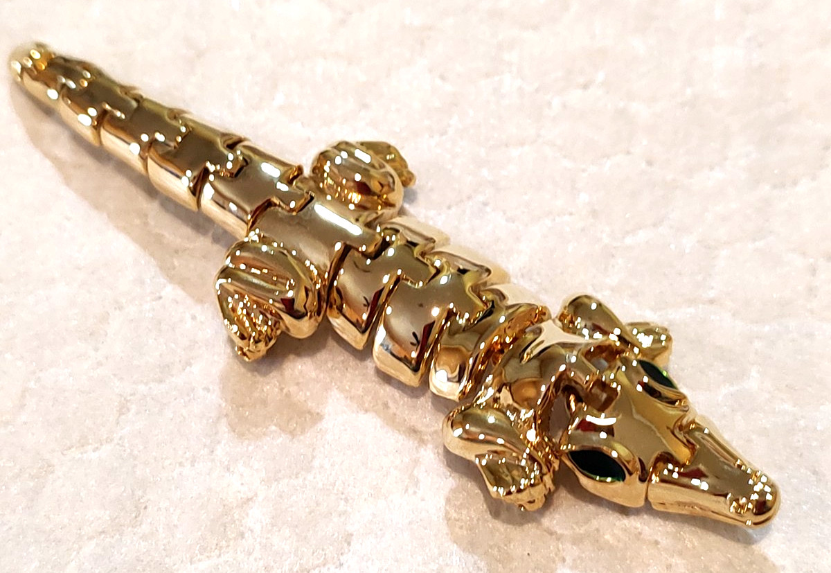 Vintage Alligator Crocodile Gold Tone Articulated Brooch Pin Enamel Eyes SALE