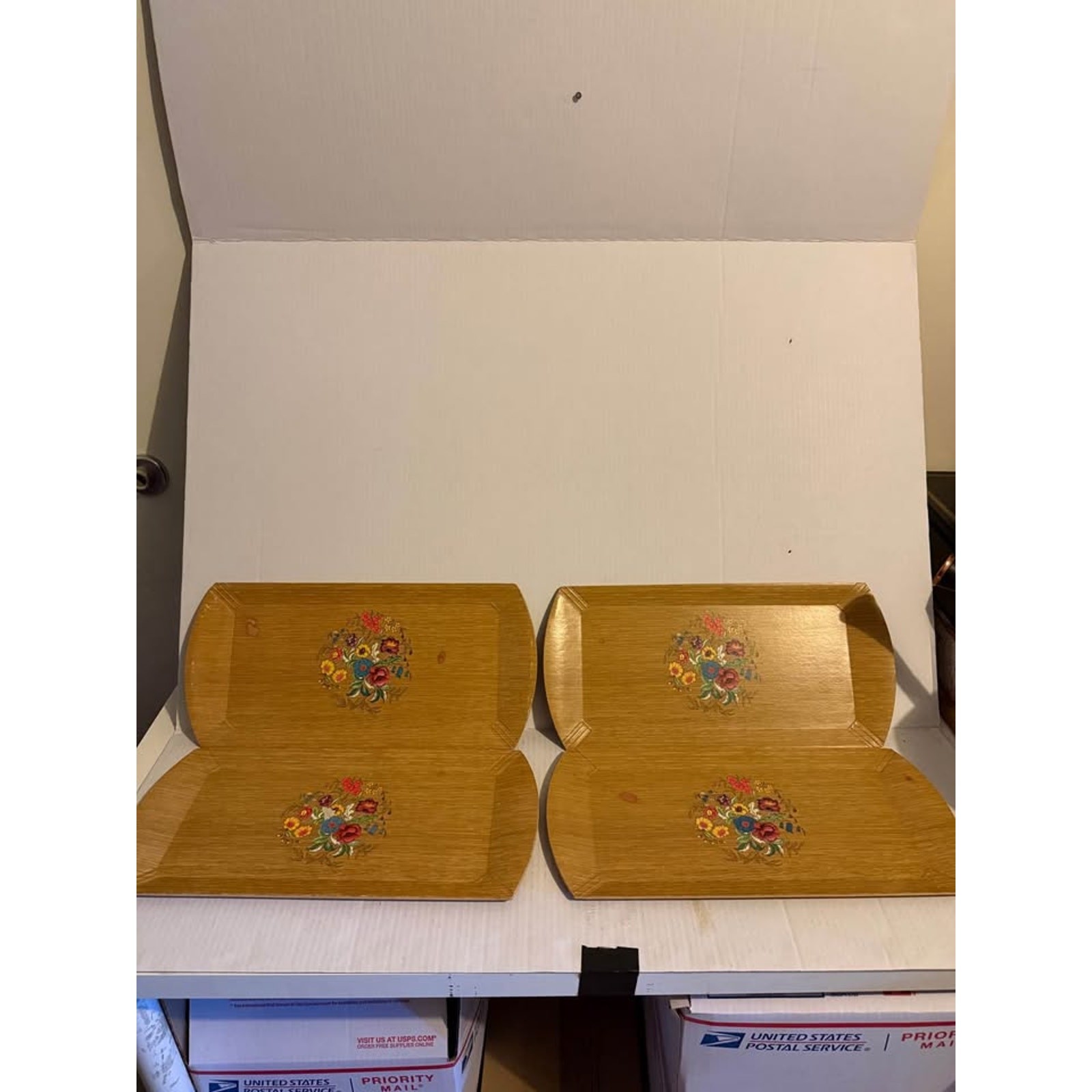 c1940s-1950s 4 HASKO TRAYS COLORFUL FLORAL BOUQUET (4 WITH FLAW SEE PICS)